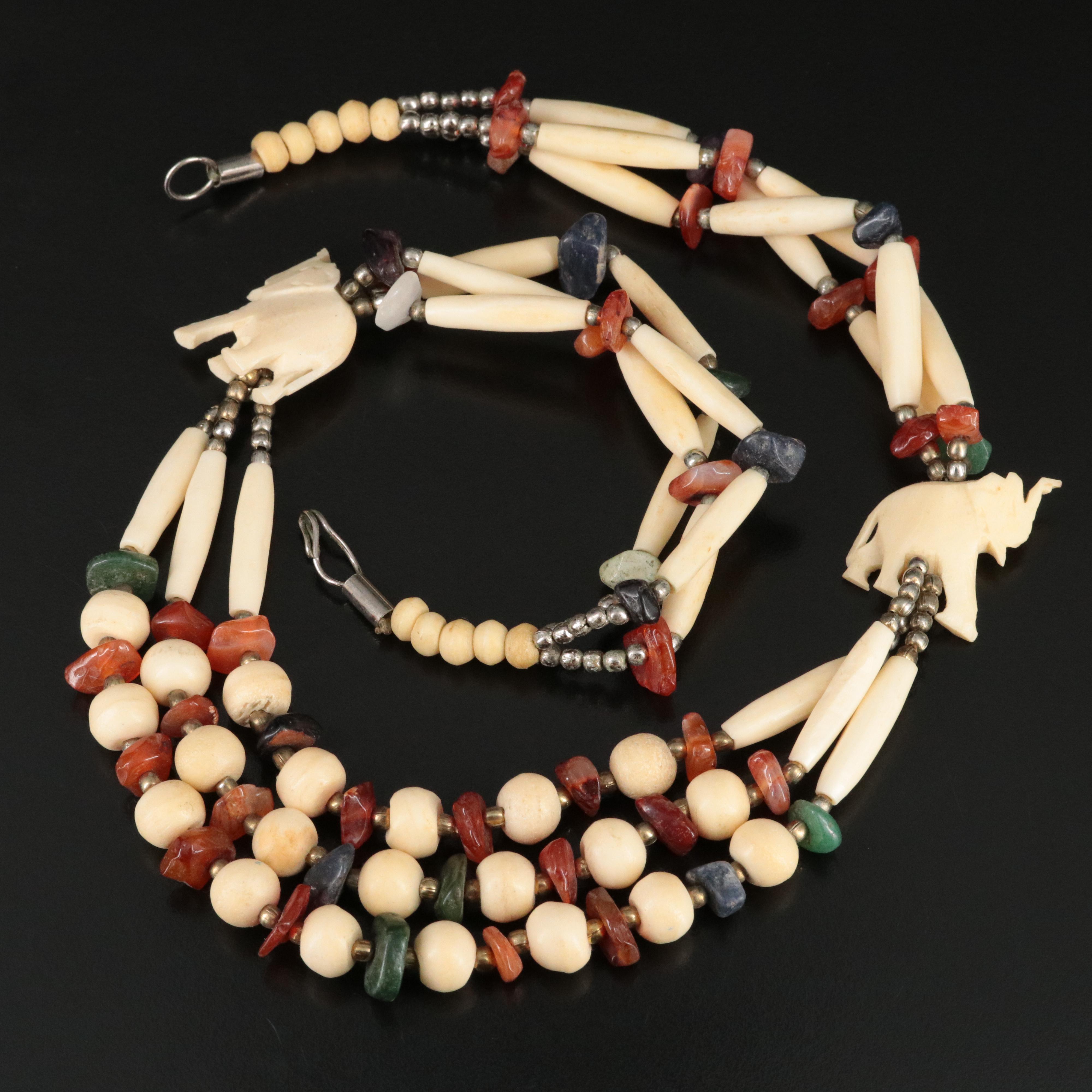 Lucky Elephant Necklace with Bone, Sard and Aventurine