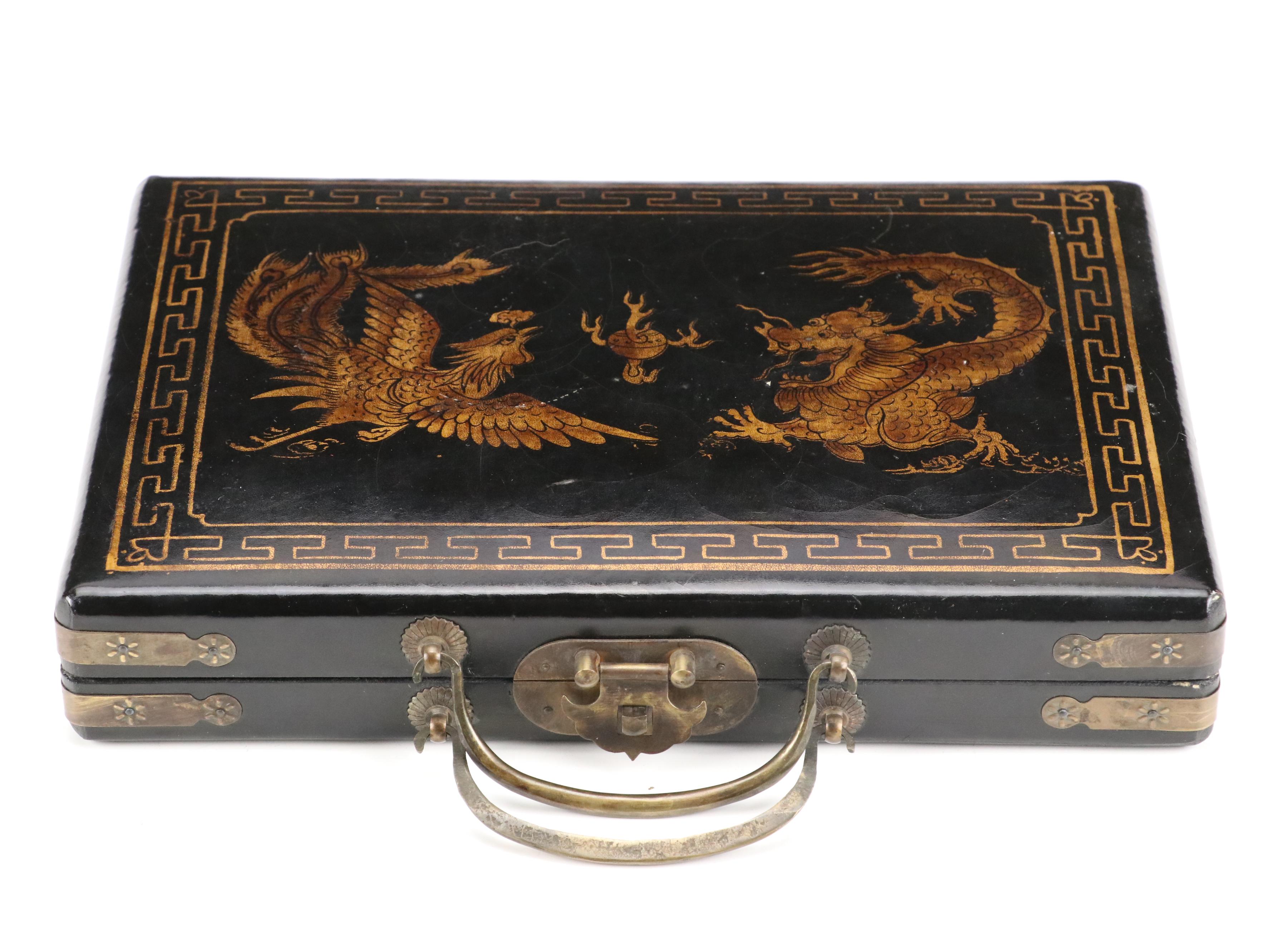 Chinese Plastic Mahjong Set in Dragon Motif Case