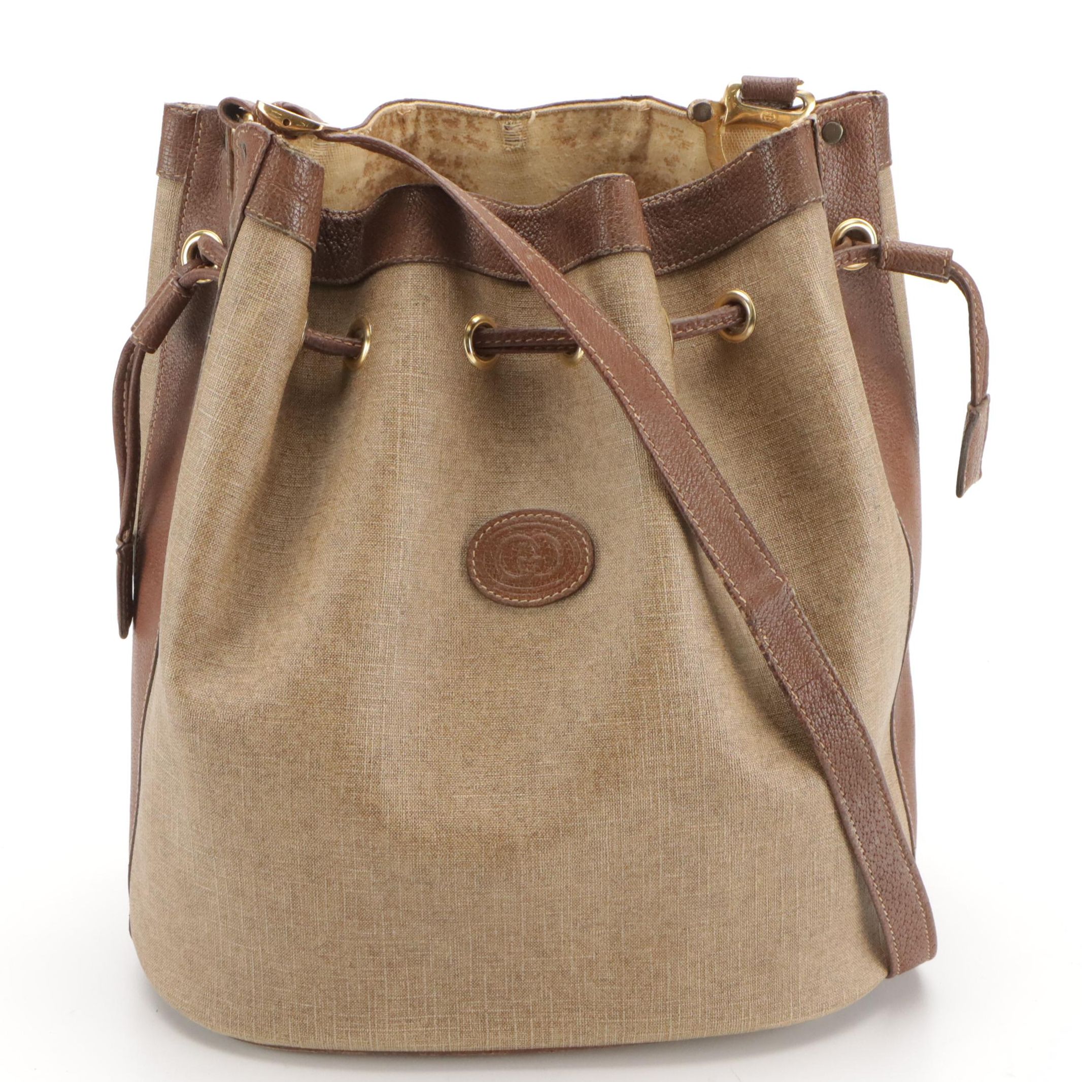 Gucci Accessory Collection Vintage Coated Canvas & Leather Drawstring Bucket Bag