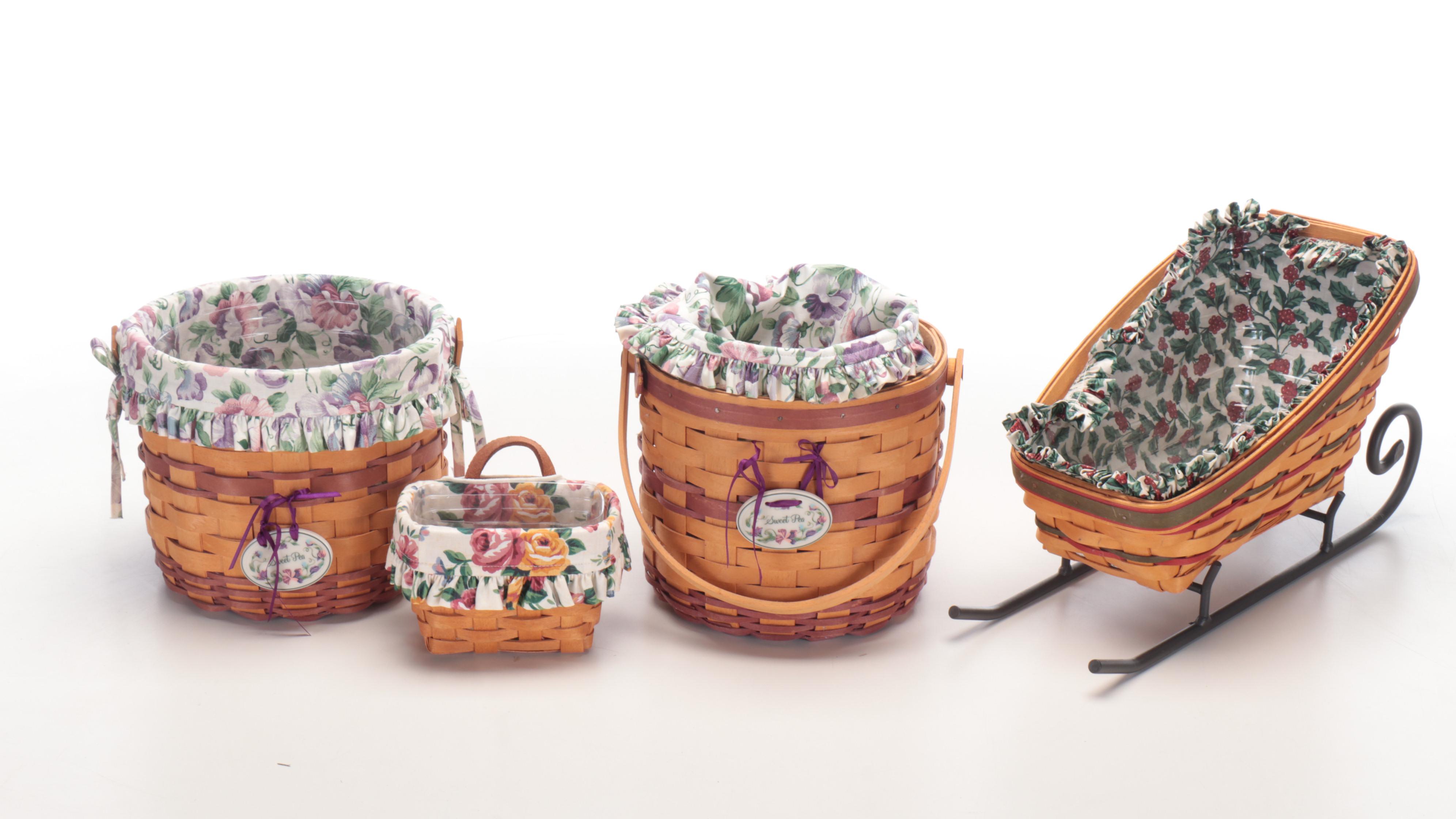 Longaberger Basket Collection with Fabric Liners and Acrylic Inserts, 1990s