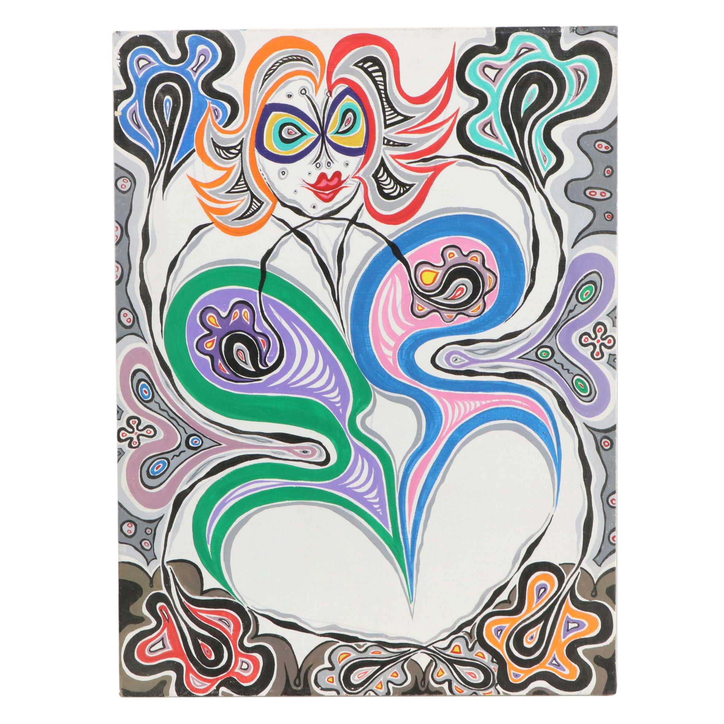 Achillo “Achi” Sullo Stylized Figural Acrylic Painting, Mid–Late 20th Century