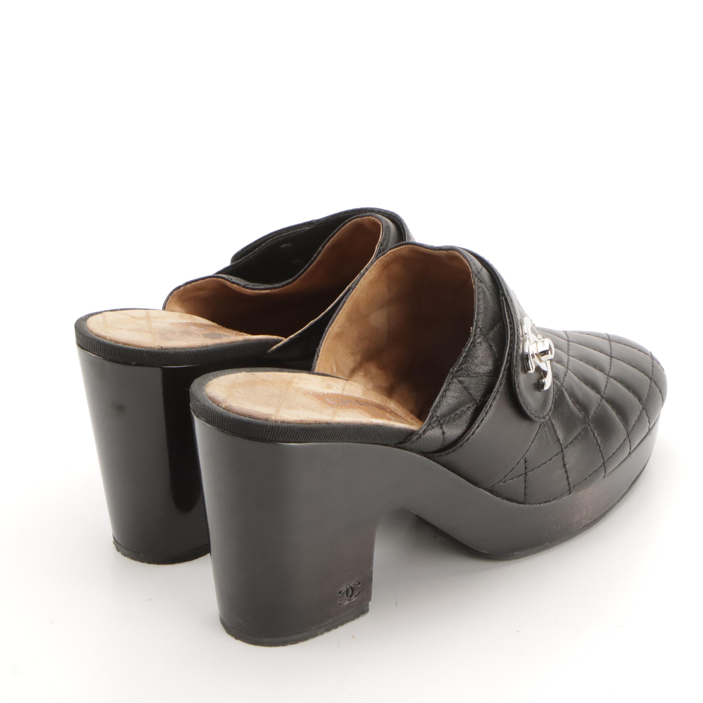 Chanel Black Quilted Lambskin Leather CC Turnlock Block Heel Clogs in Box
