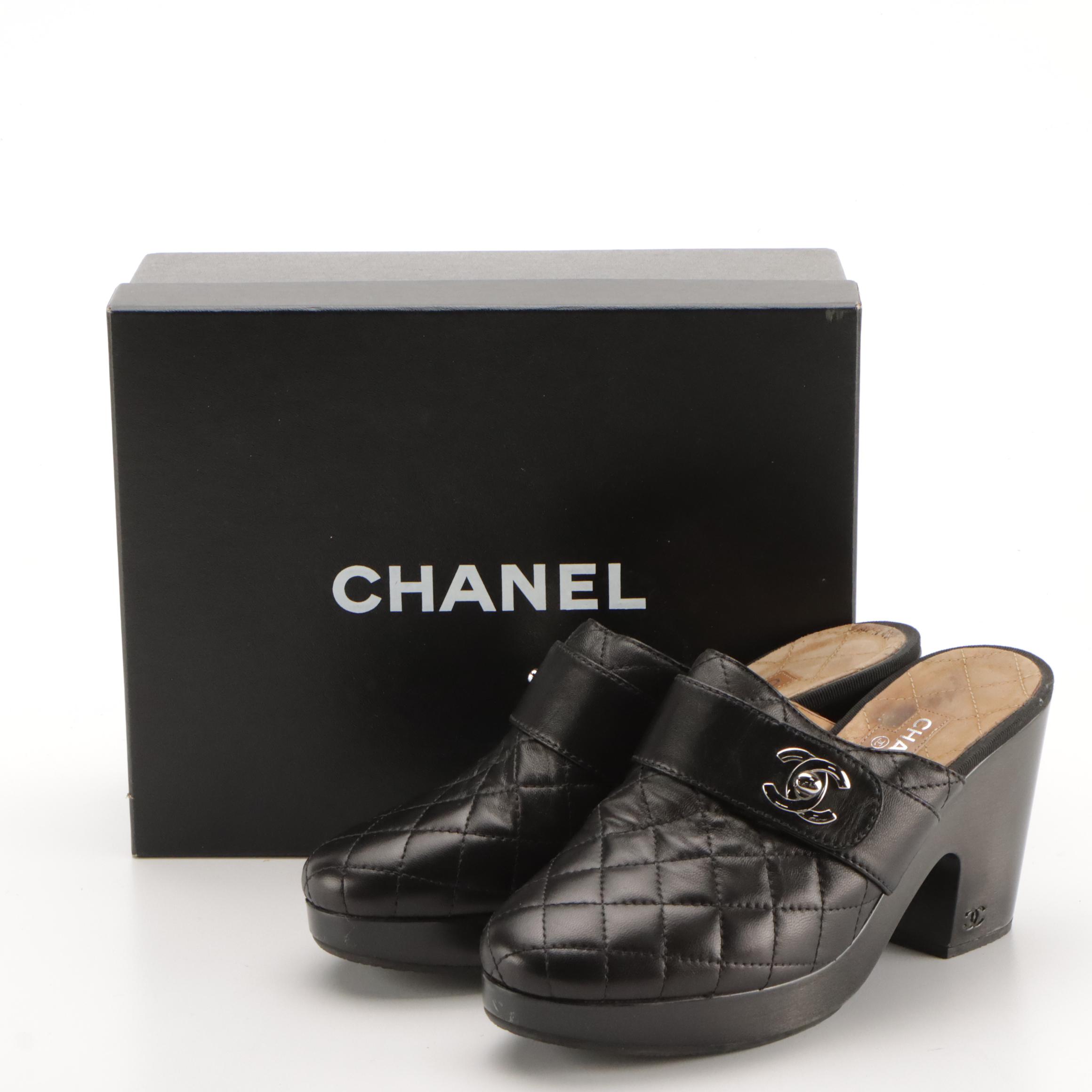 Chanel Black Quilted Lambskin Leather CC Turnlock Block Heel Clogs in Box