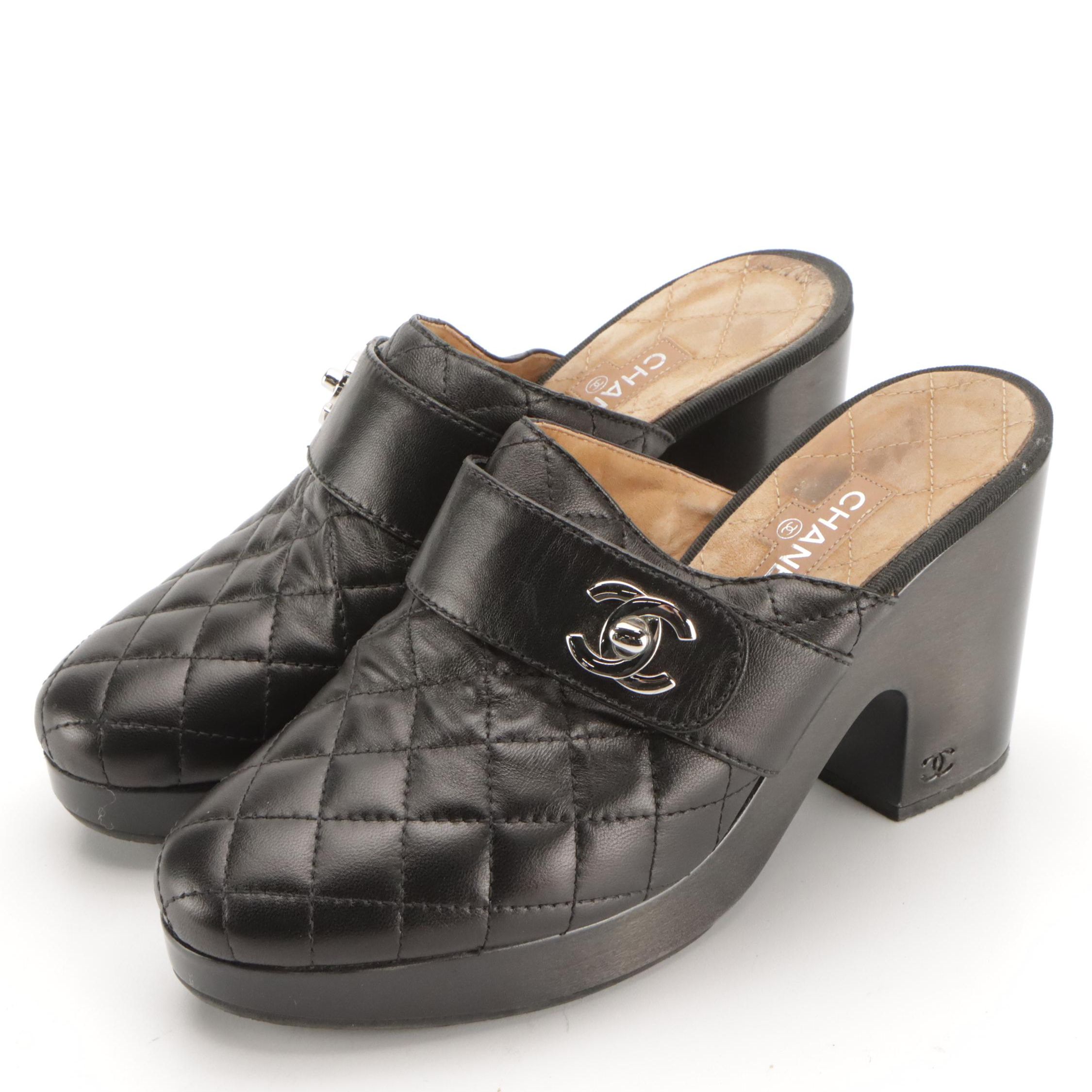 Chanel Black Quilted Lambskin Leather CC Turnlock Block Heel Clogs in Box