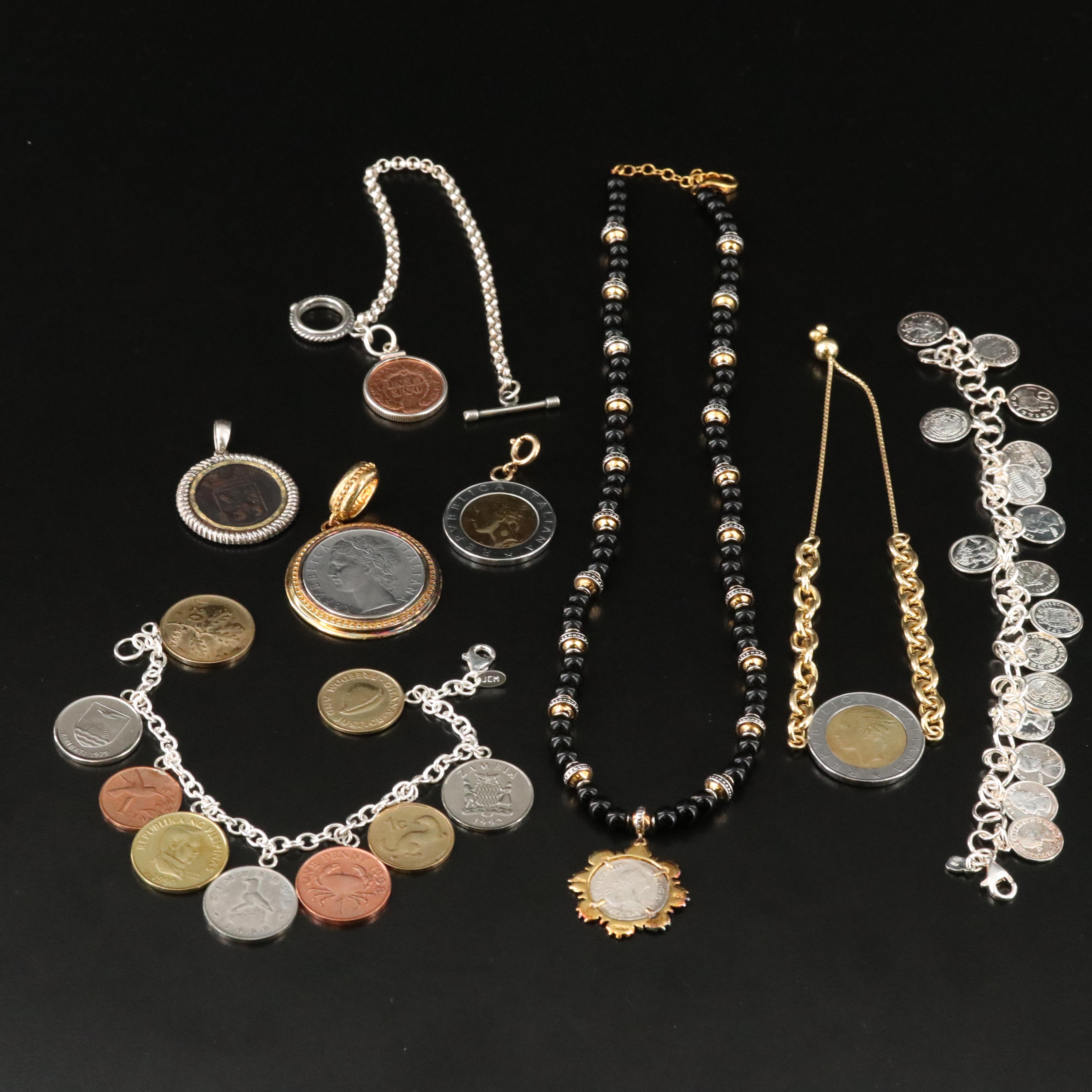 Sterling Jewelry Featuring Indian Head Penny, Foreign Coins and Coin Replicas