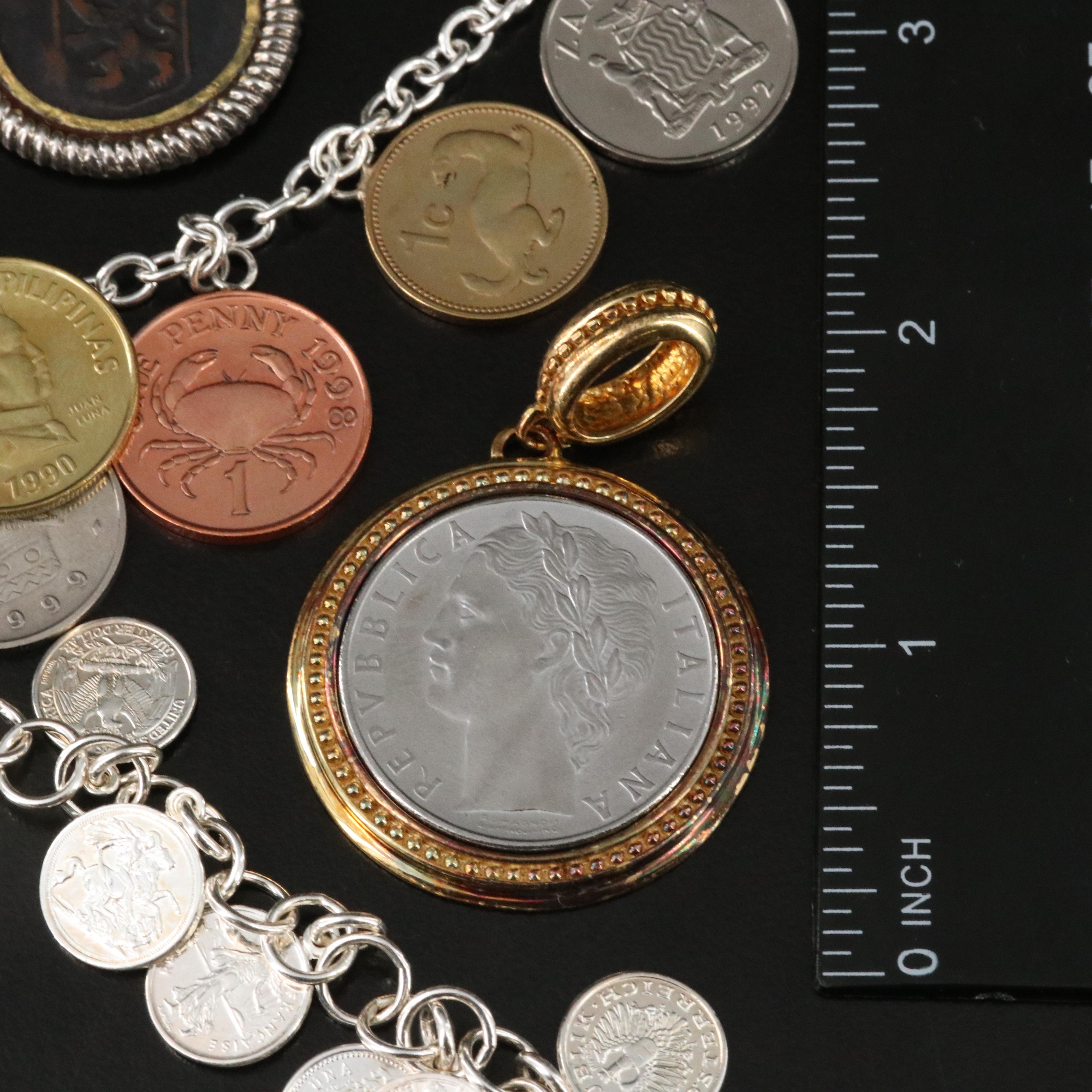 Sterling Jewelry Featuring Indian Head Penny, Foreign Coins and Coin Replicas