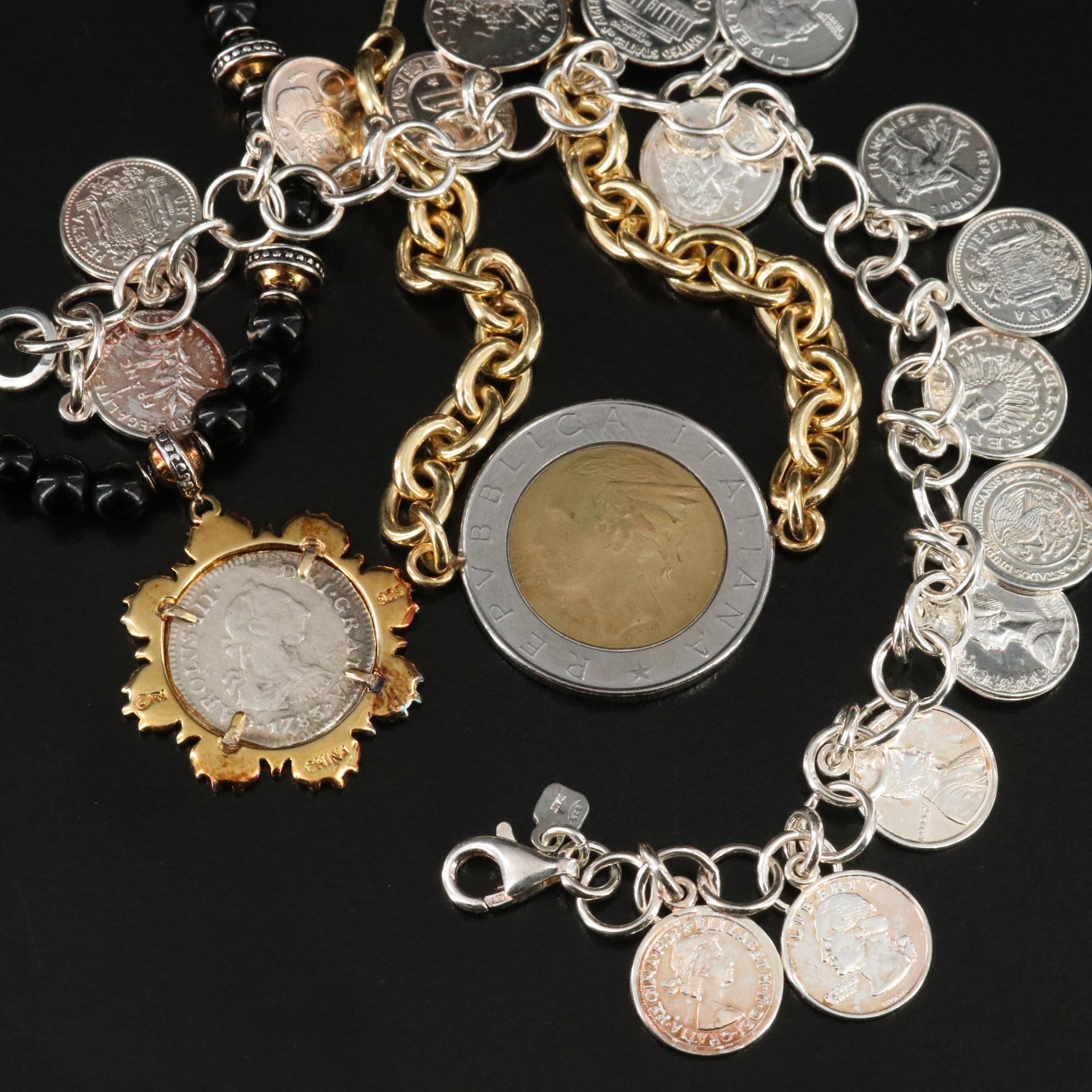 Sterling Jewelry Featuring Indian Head Penny, Foreign Coins and Coin Replicas