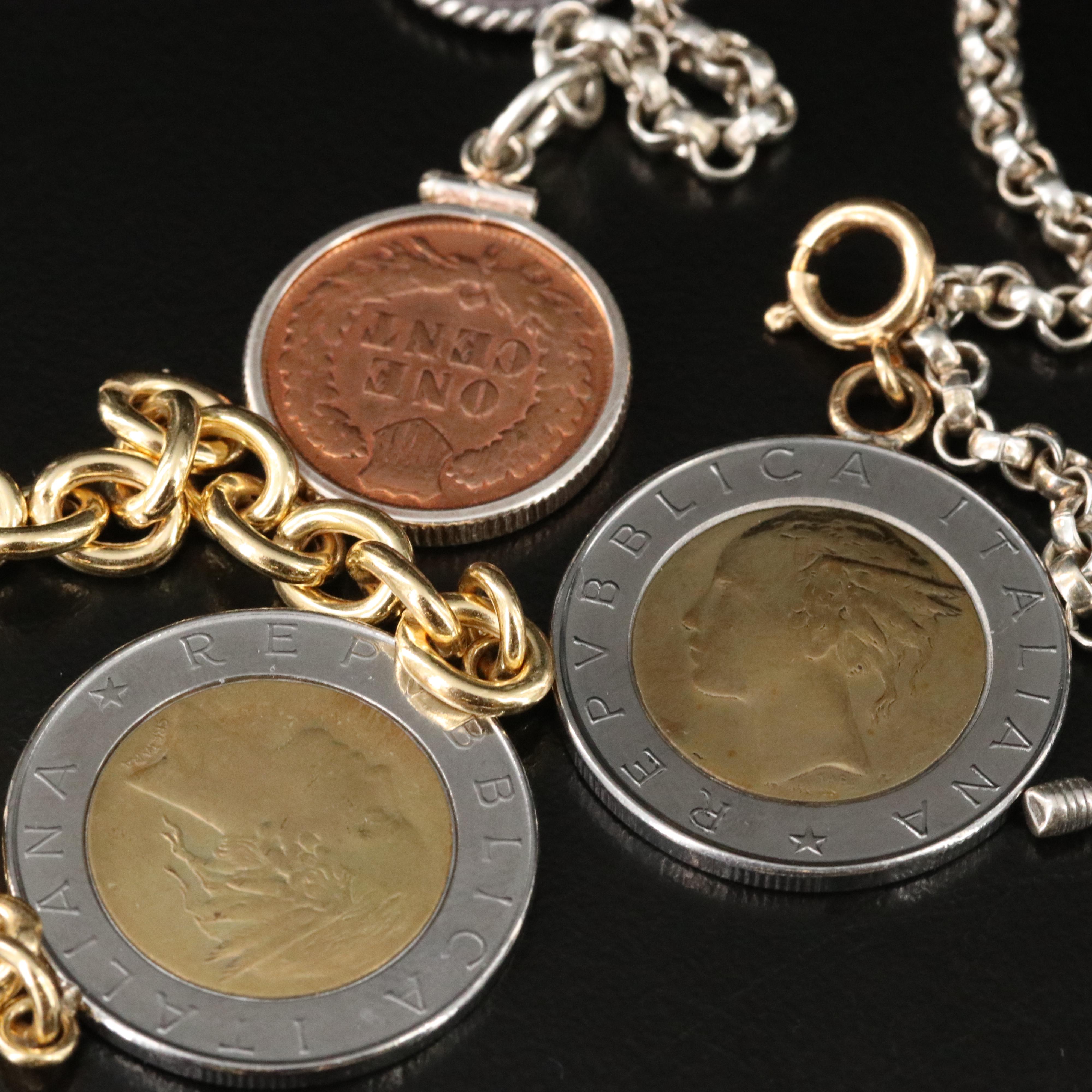 Sterling Jewelry Featuring Indian Head Penny, Foreign Coins and Coin Replicas
