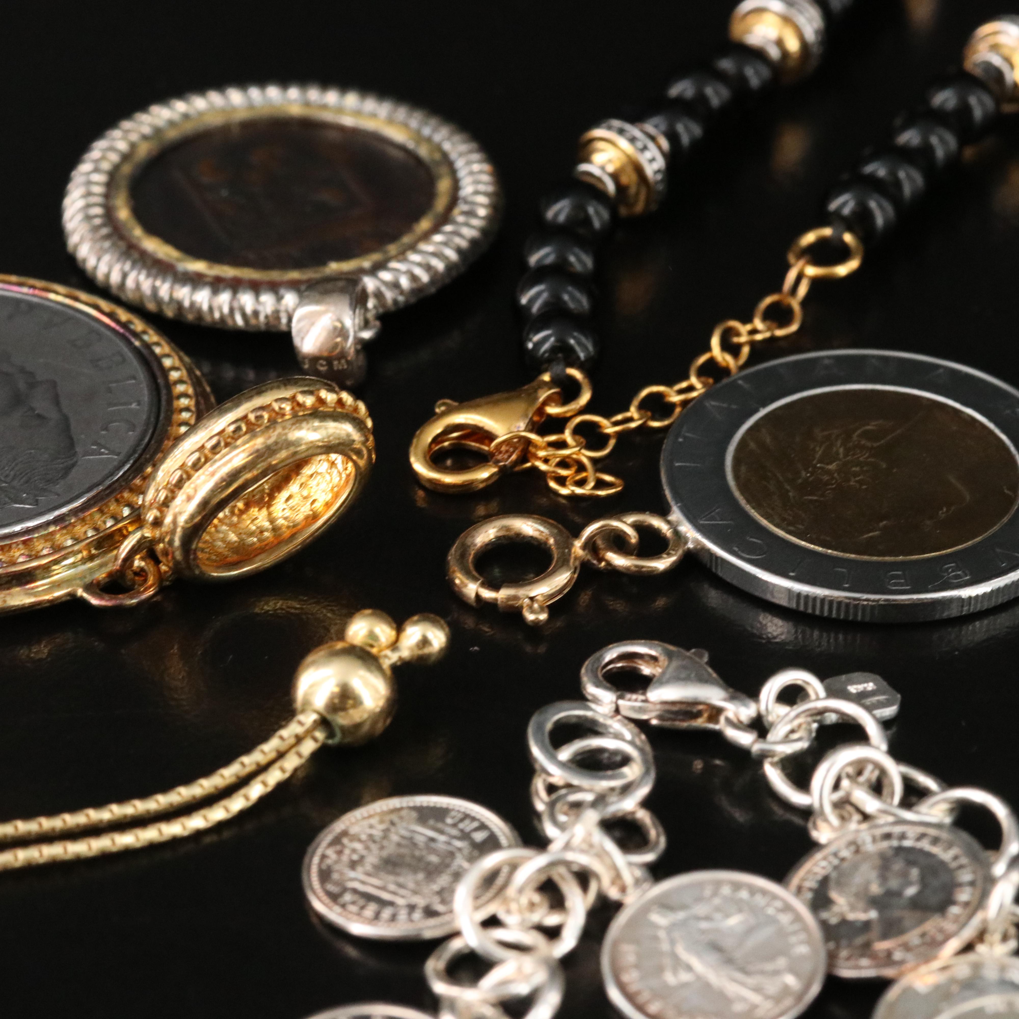 Sterling Jewelry Featuring Indian Head Penny, Foreign Coins and Coin Replicas