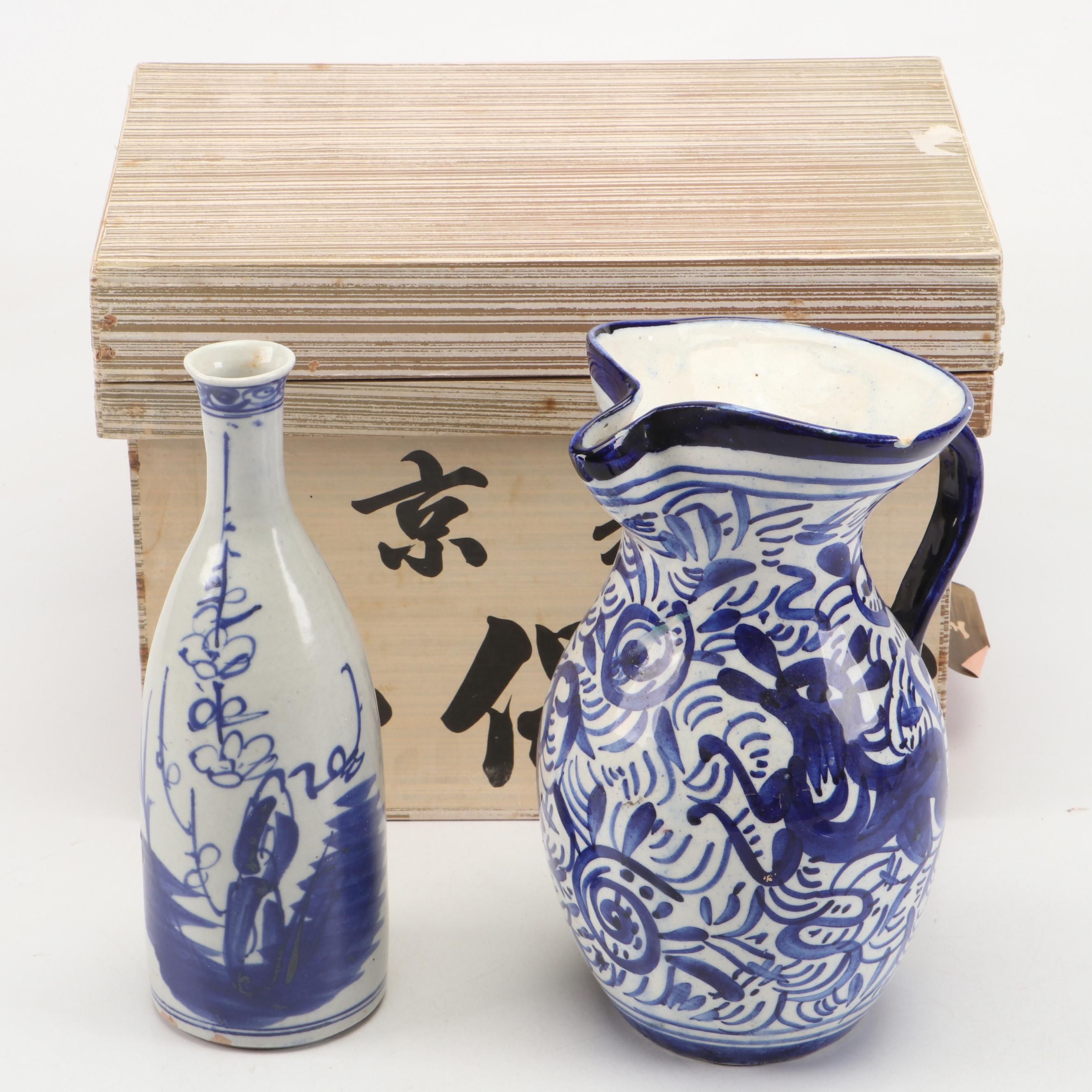 Japanese Porcelain Sake Bottle and Other Faience Pitcher