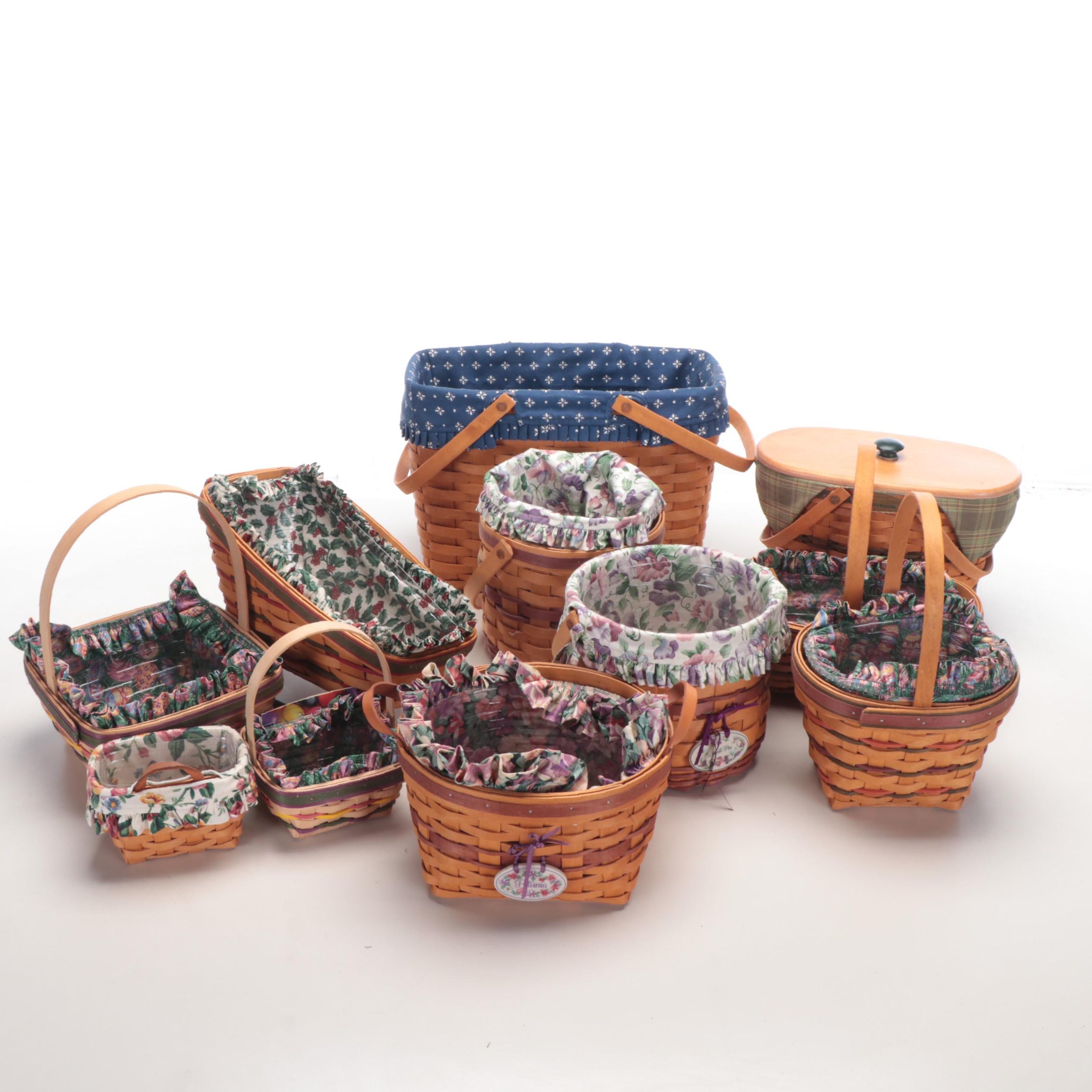 Longaberger Basket Collection with Fabric Liners and Acrylic Inserts, 1990s