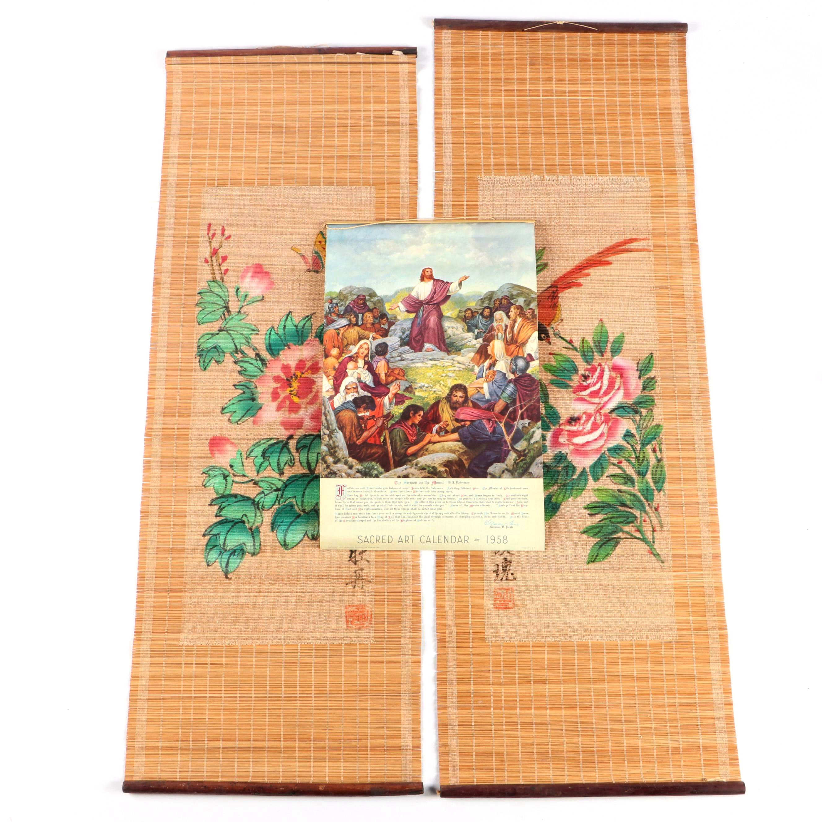 Chinese Bamboo Scroll Art and 1958 Calendar, Mid to Late 20th Century