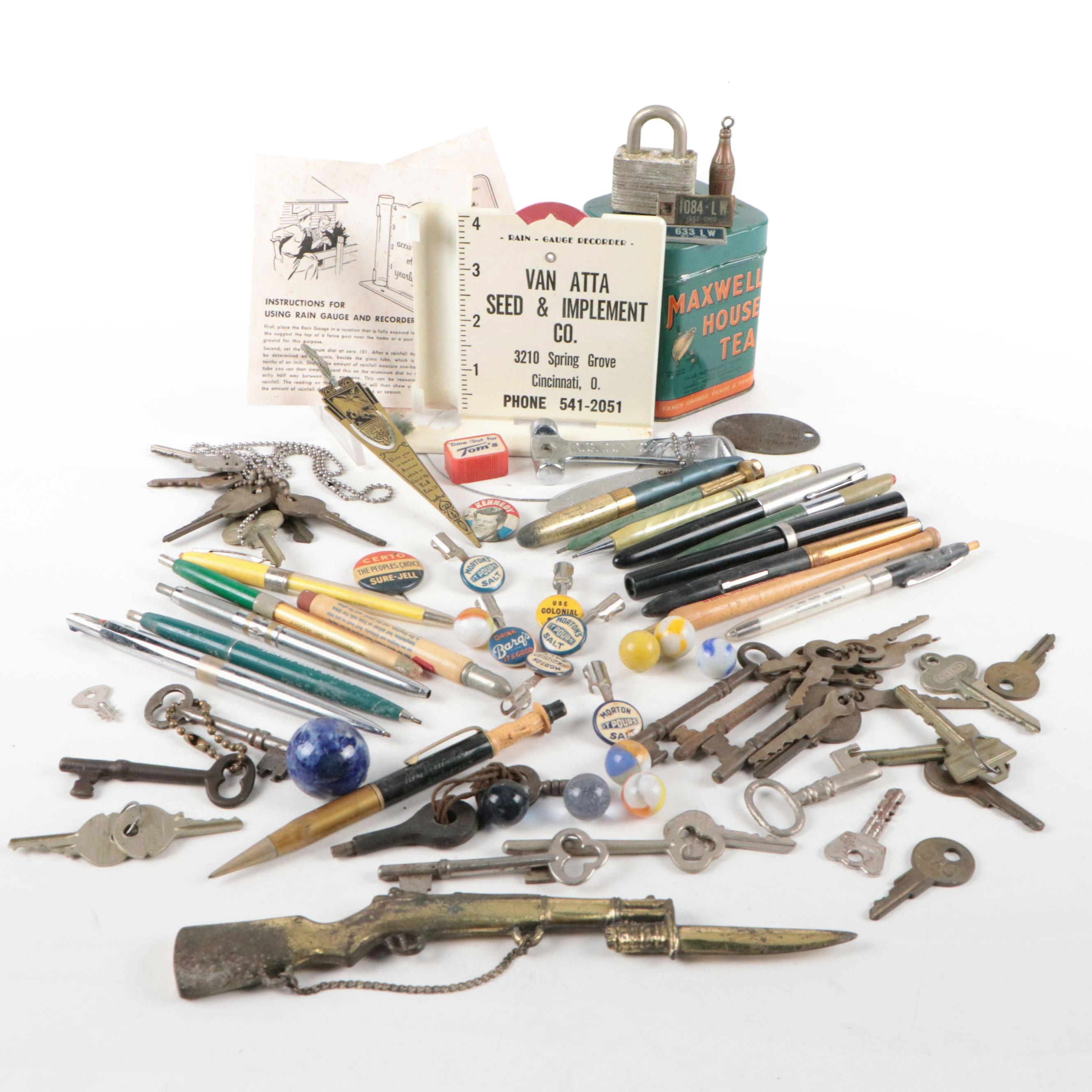 Skeleton and Padlock Keys with Fountain Pens, Marbles and More
