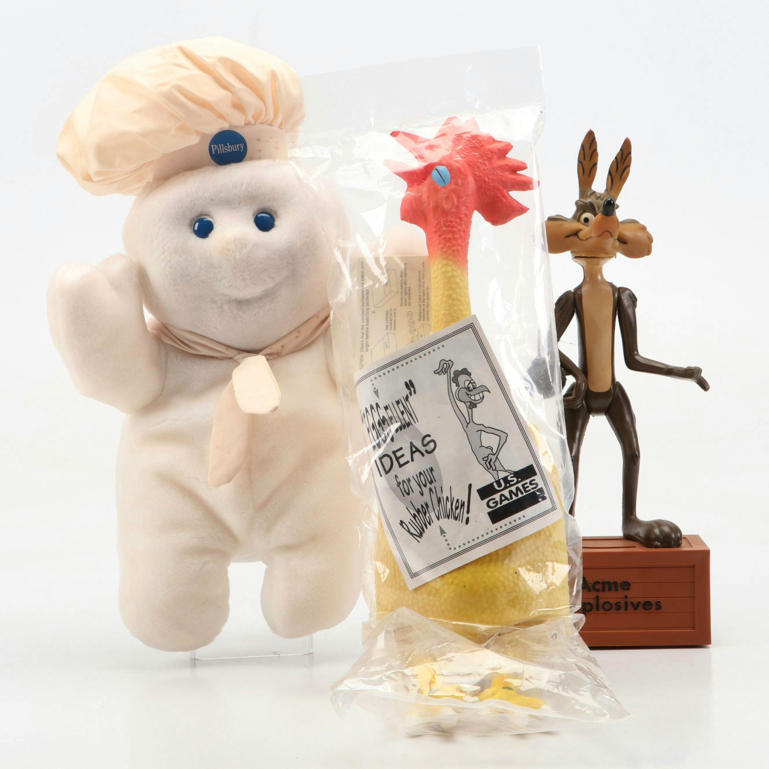 Pillsbury Doughboy Plushie with Wile E. Coyote Coin Bank and Rubber Chicken