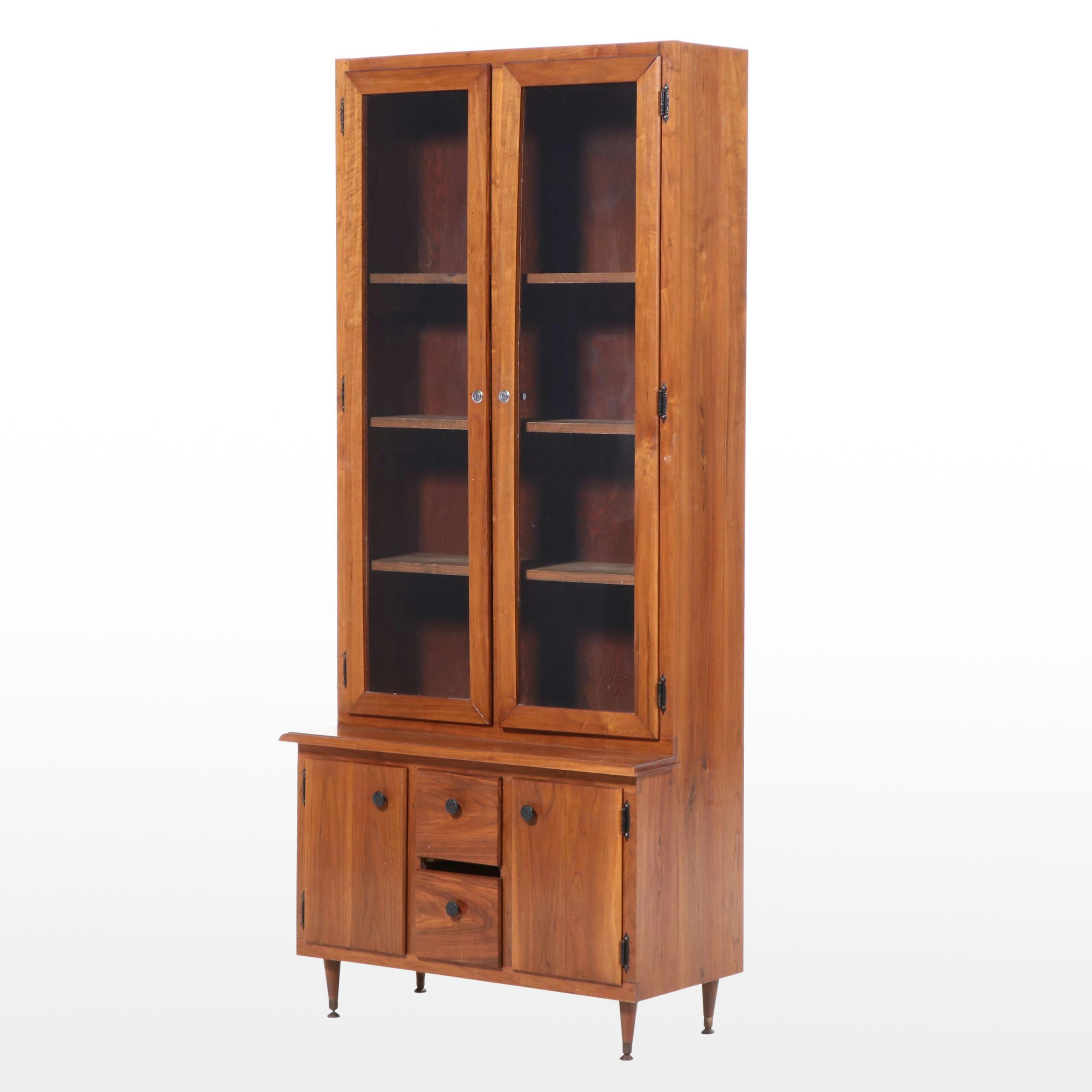 Mid Century Modern Walnut Custom-Made Stepback Display Cabinet
