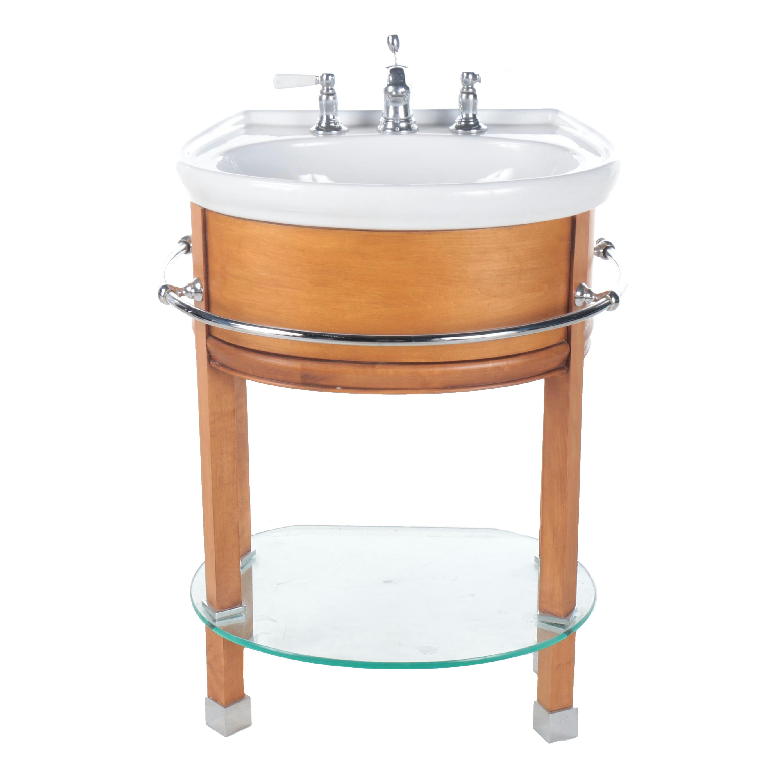 Modernist Style Porcelain Bathroom Sink with Wood and Glass Vanity