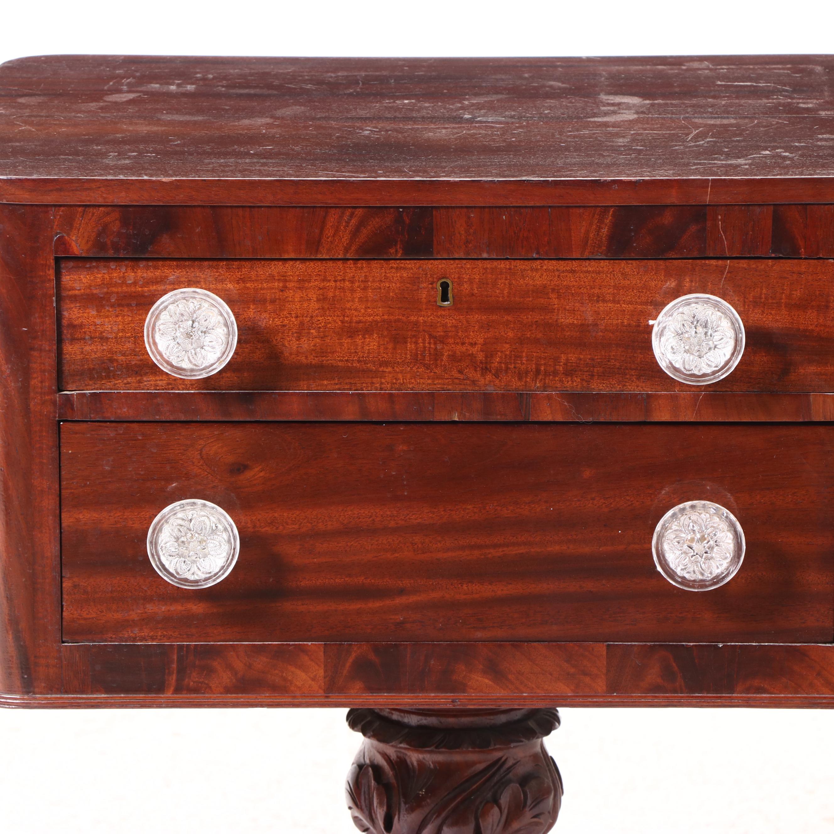 American Classical Flame and Carved Mahogany Two-Drawer Side Table, Circa 1830