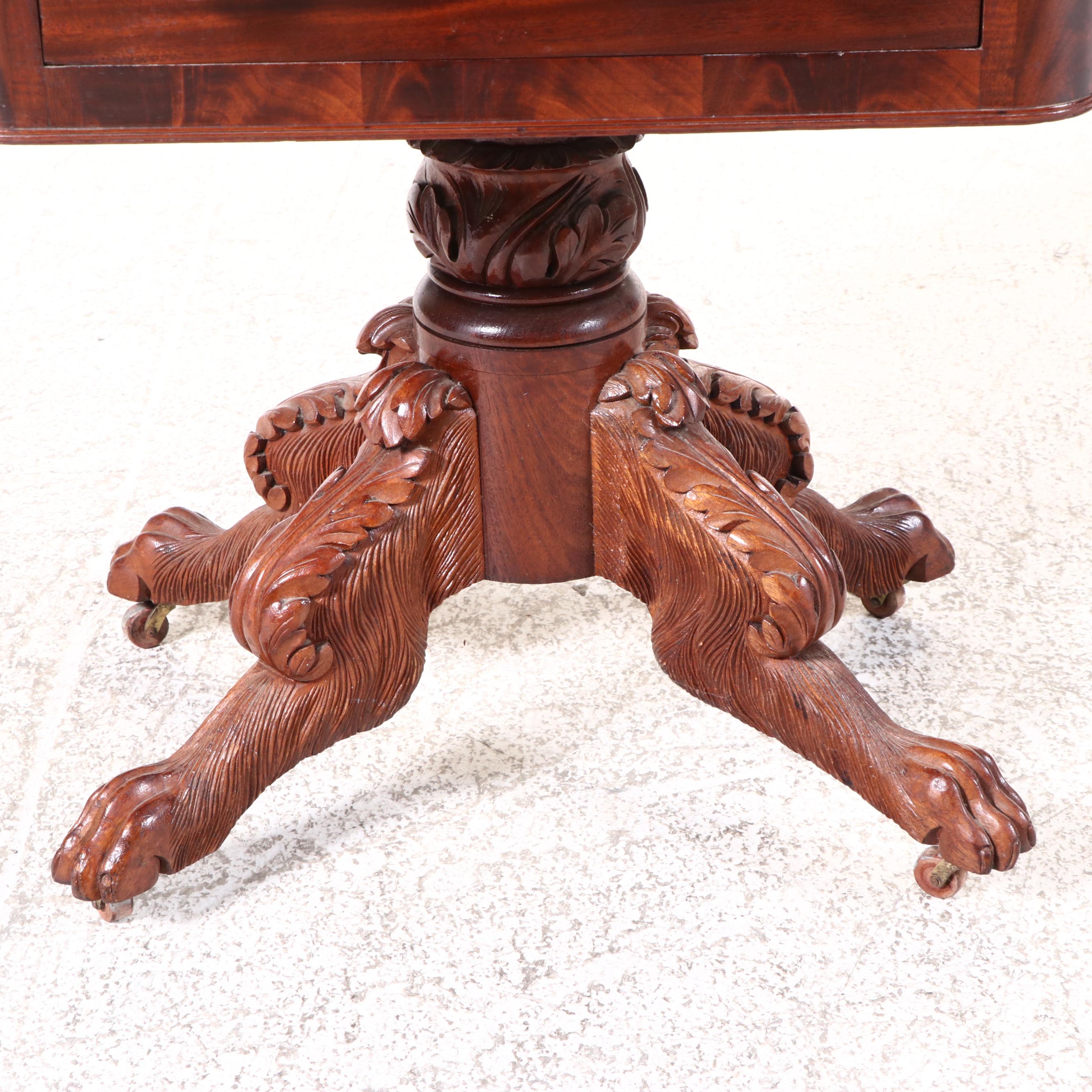 American Classical Flame and Carved Mahogany Two-Drawer Side Table, Circa 1830