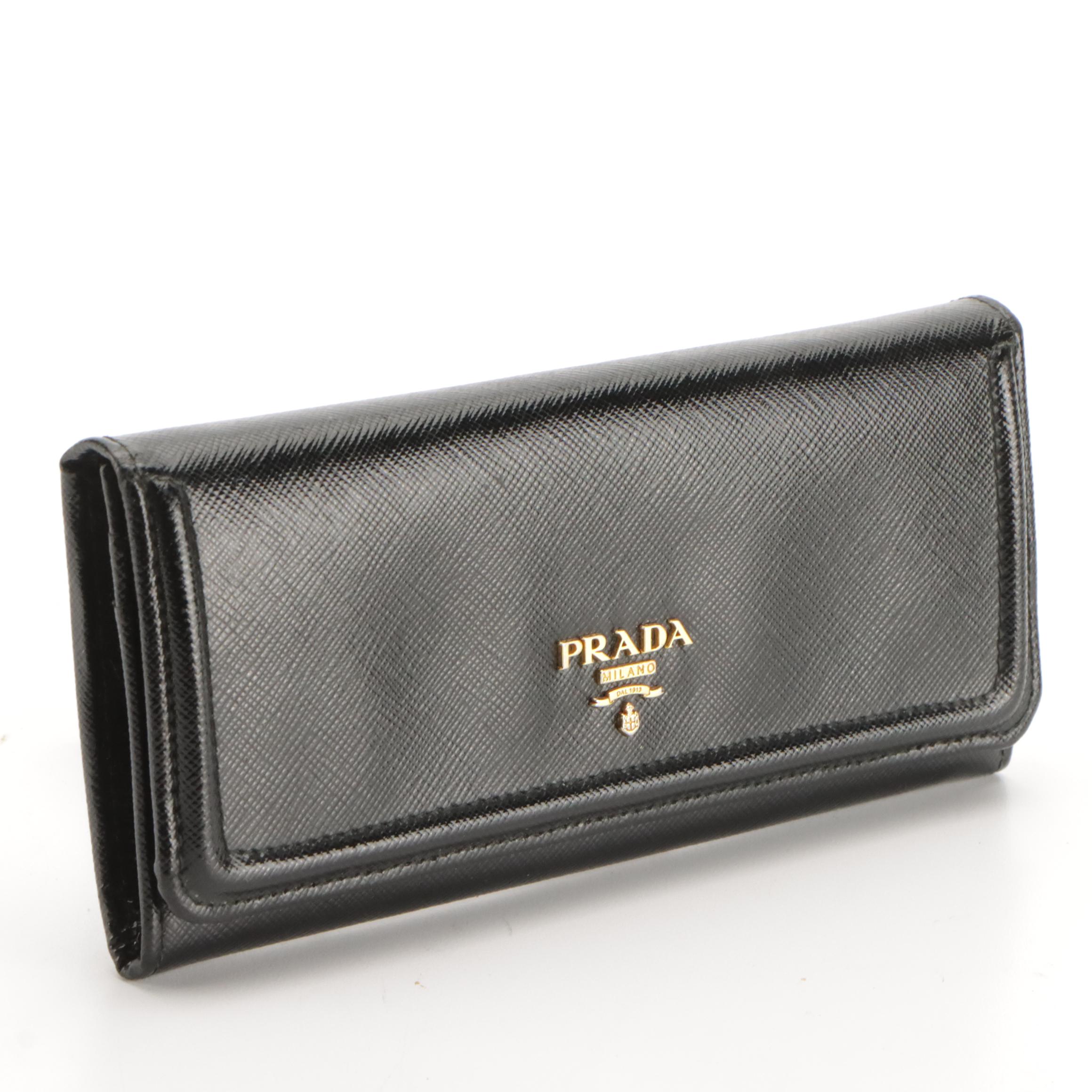 Prada Shiny Black Saffiano Leather Bifold Flap Wallet