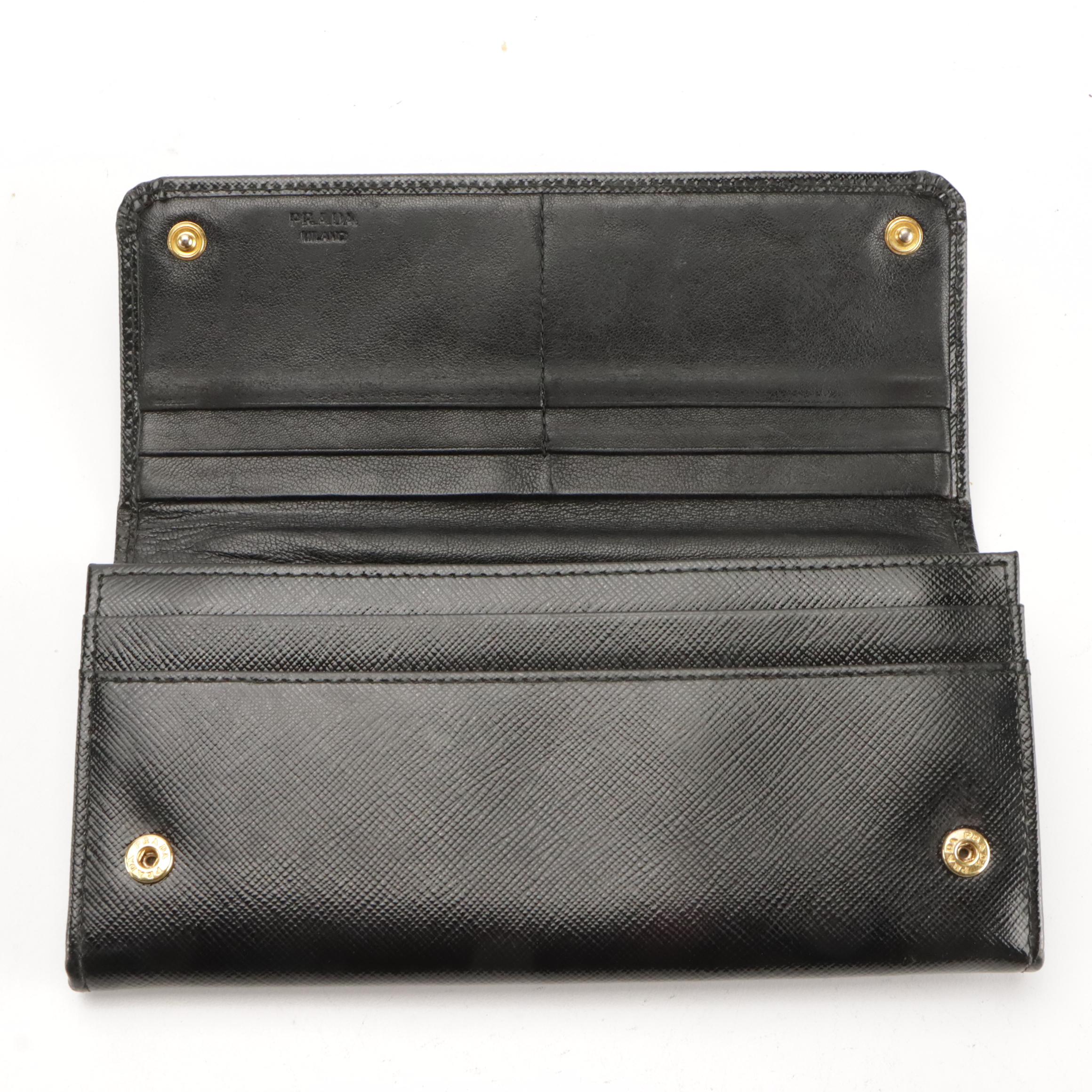 Prada Shiny Black Saffiano Leather Bifold Flap Wallet