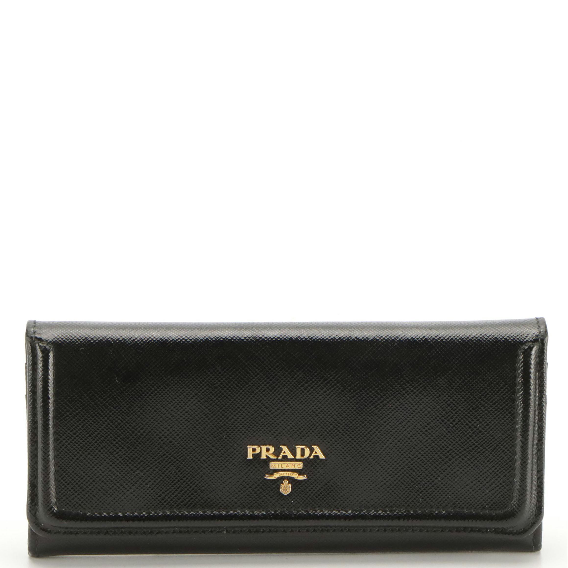 Prada Shiny Black Saffiano Leather Bifold Flap Wallet