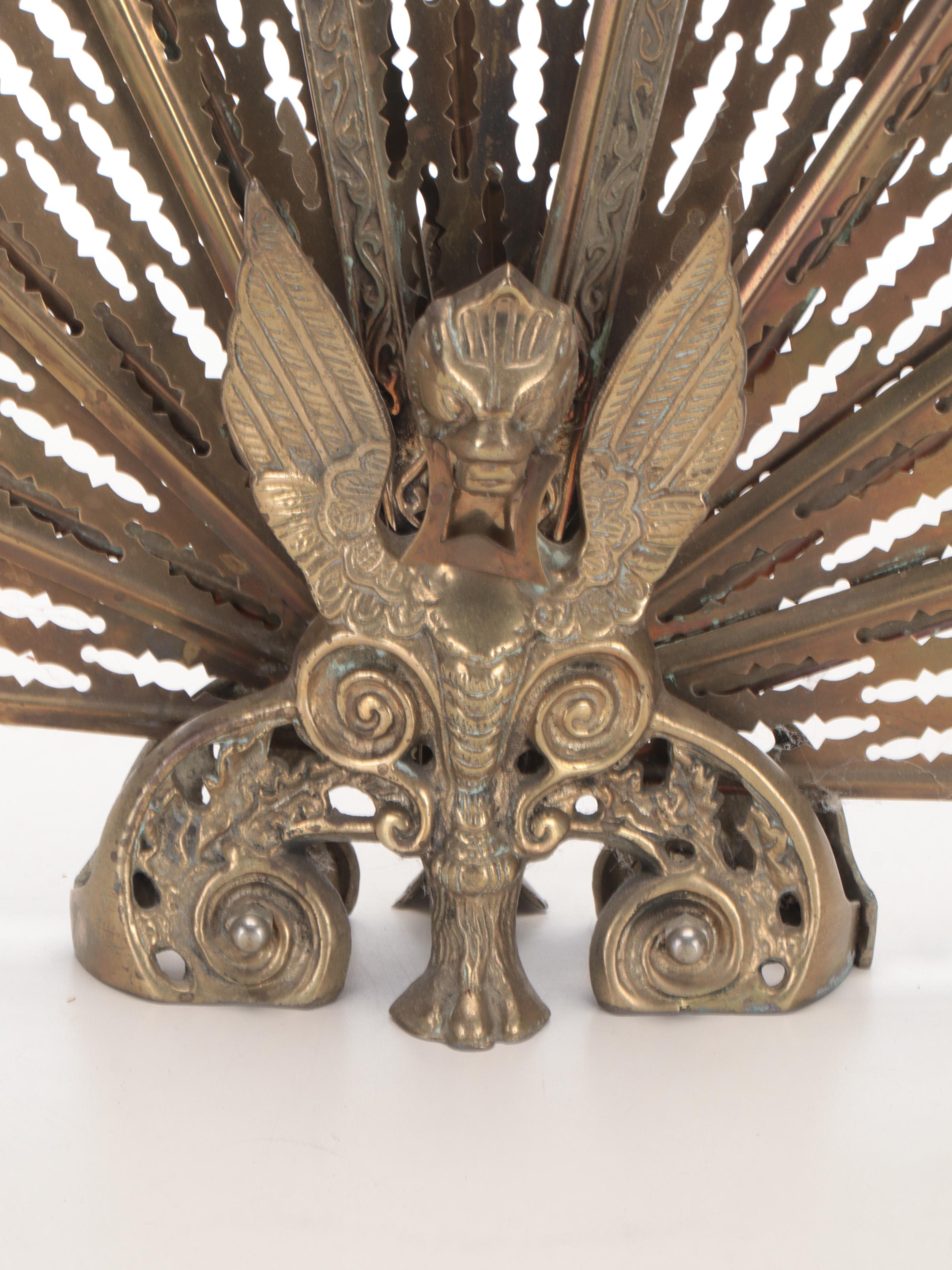Egyptian Revival Style Brass Peacock Fan Panel Fireplace Screen
