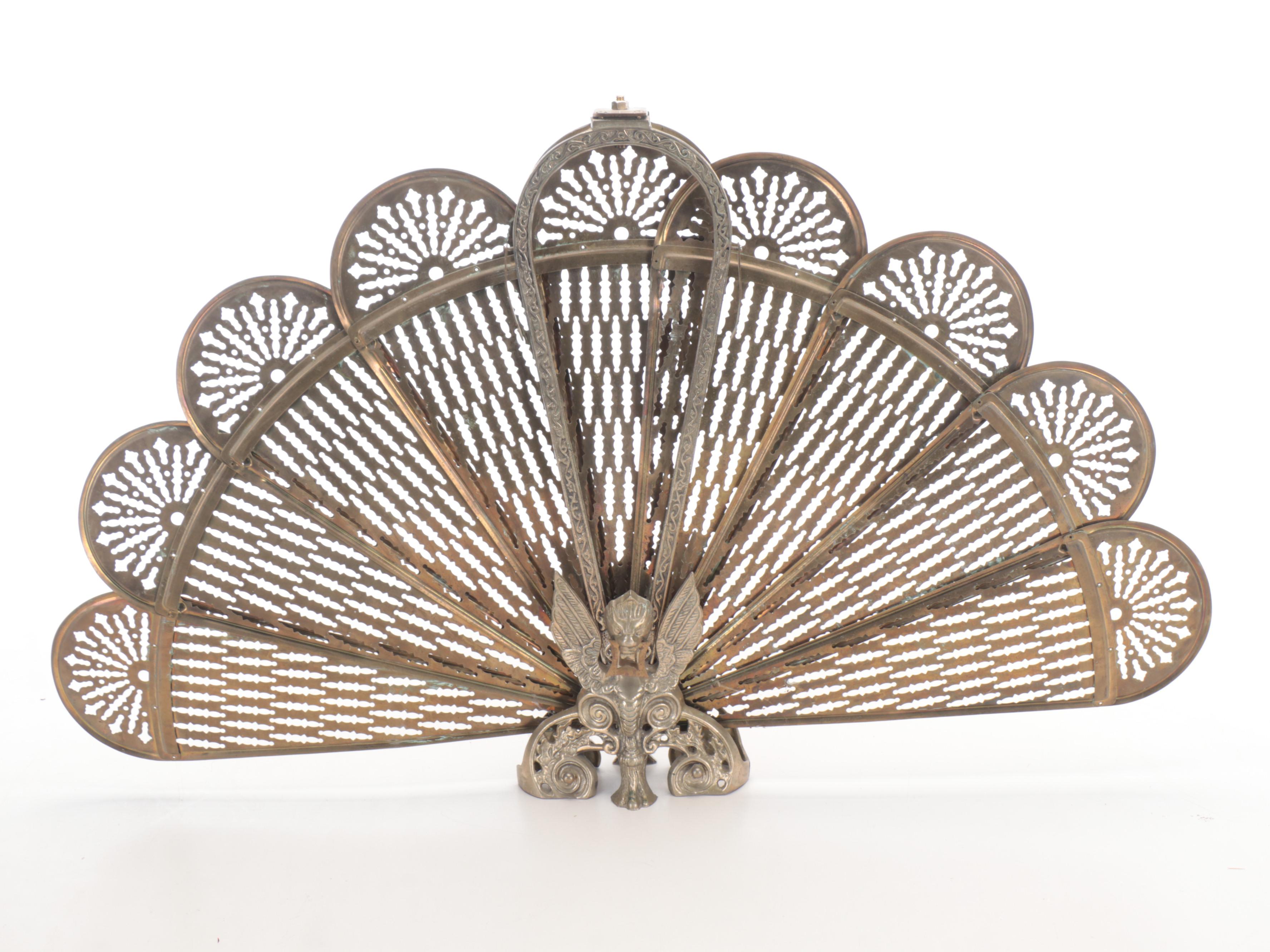 Egyptian Revival Style Brass Peacock Fan Panel Fireplace Screen