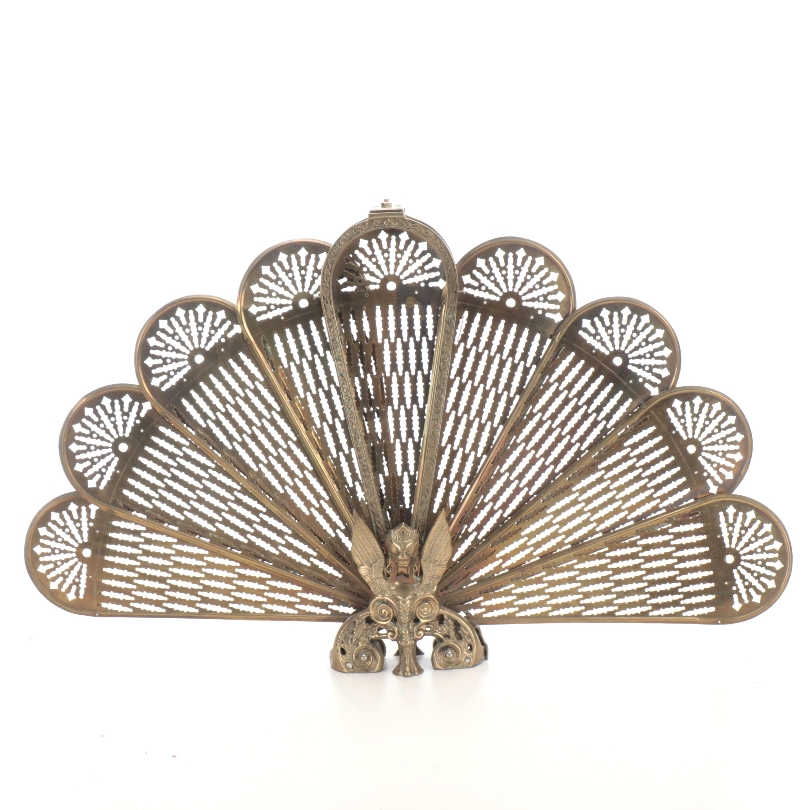 Egyptian Revival Style Brass Peacock Fan Panel Fireplace Screen