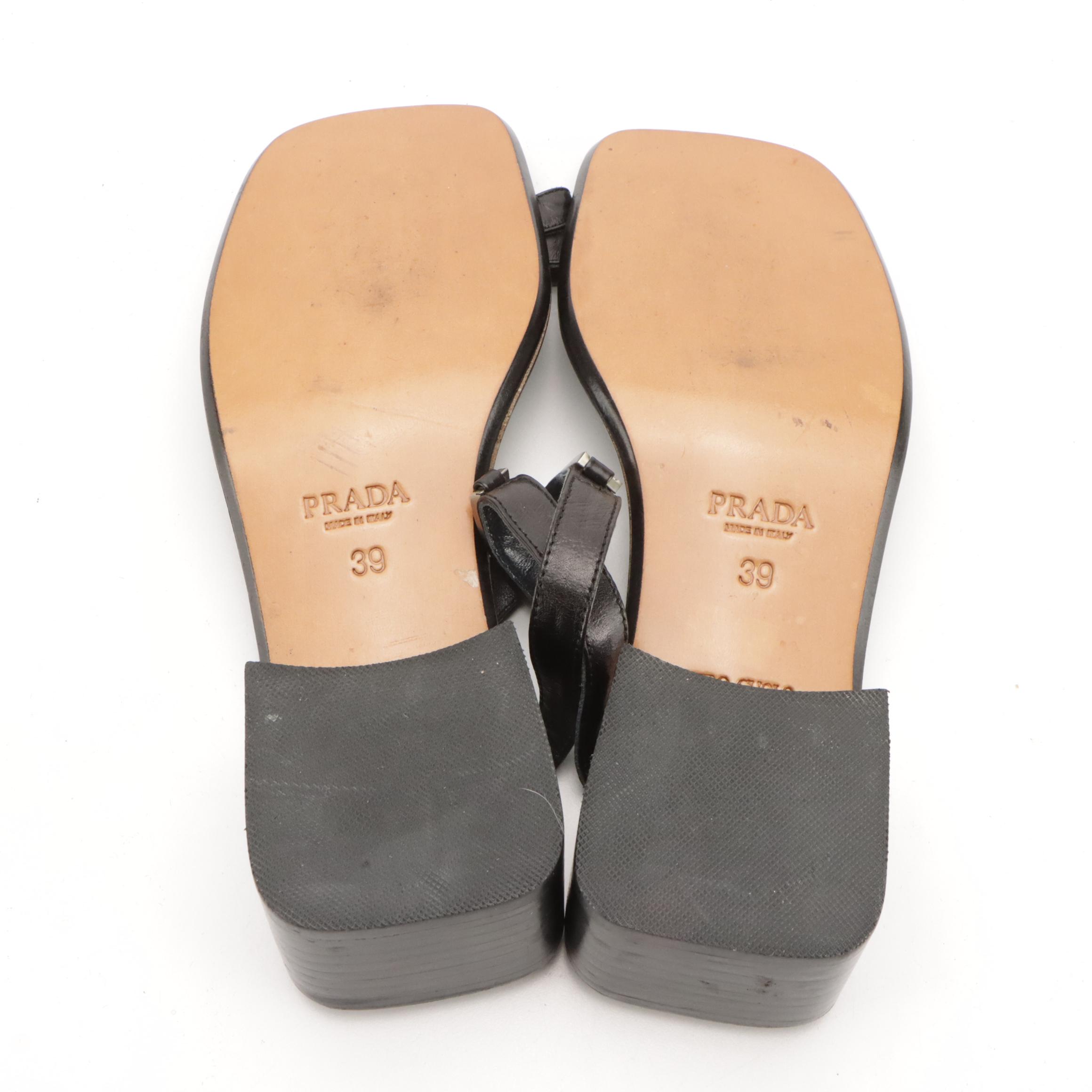 Prada Leather Block Heel Sandals