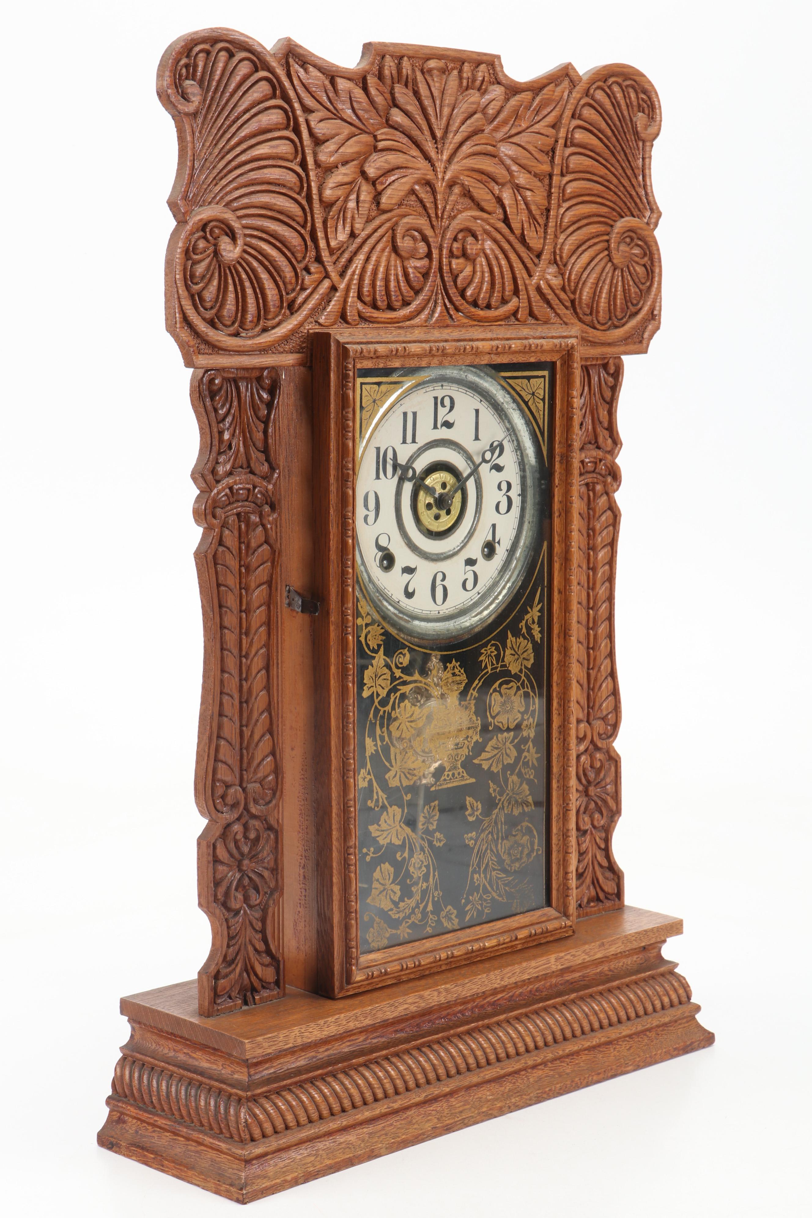 The E. Ingraham Clock Co. "Arctic" Pressed Oak Gingerbread Mantel Clock