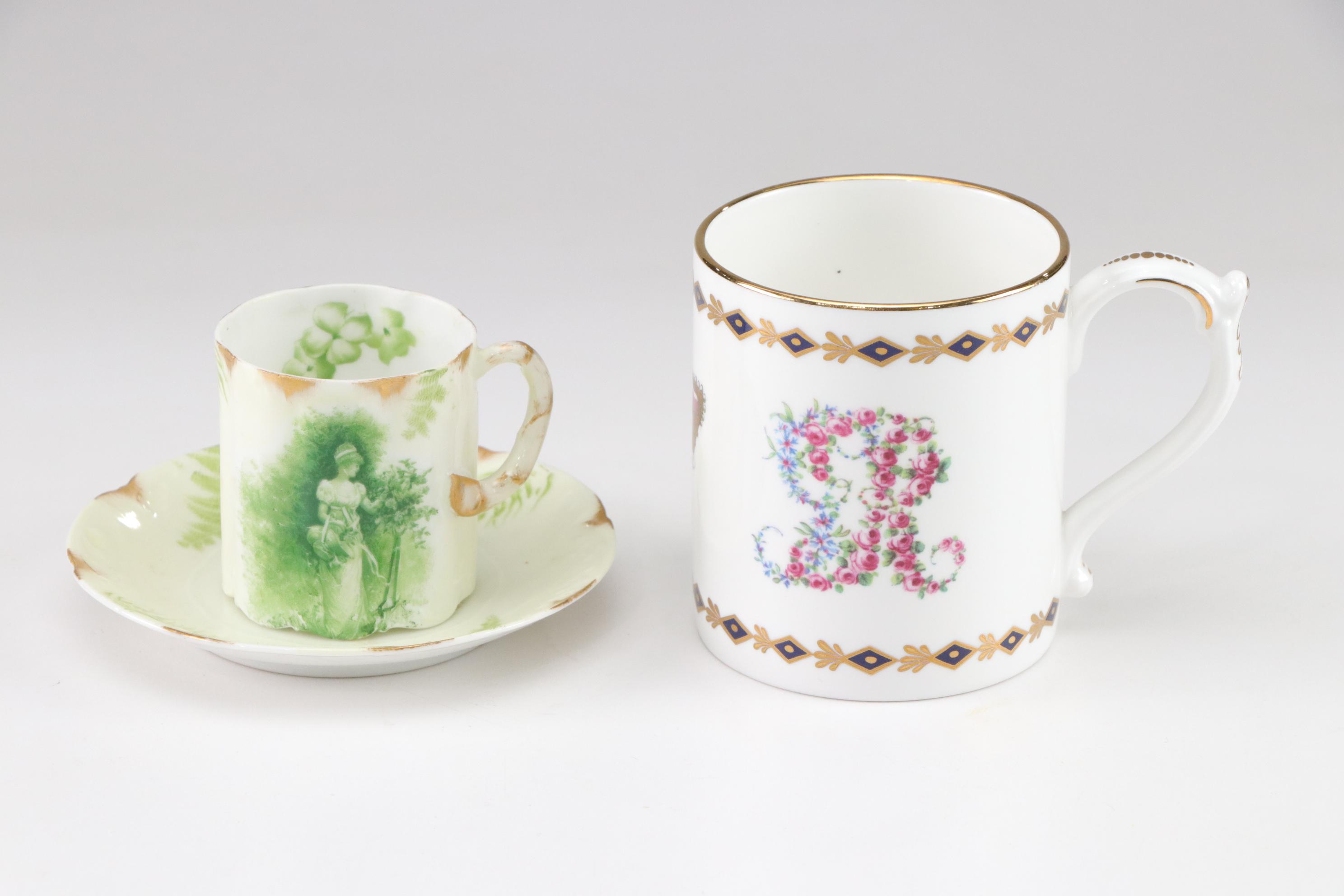 Assorted Porcelain Cups and Saucers with George III's Mug