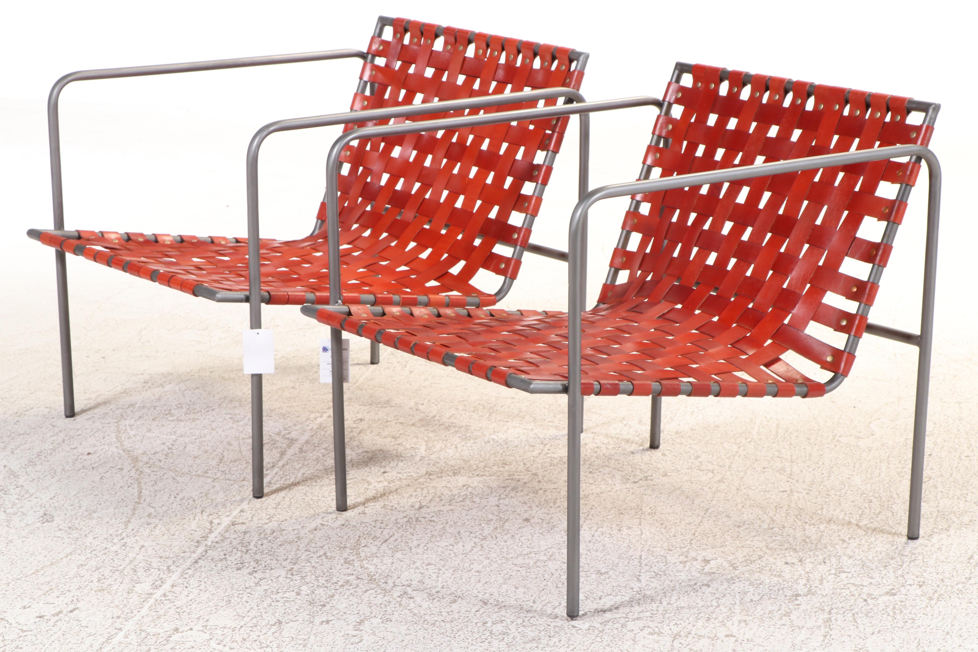 Pair of Modernist Style Powder-Coated Metal & Strap-Woven Leather Lounge Chair
