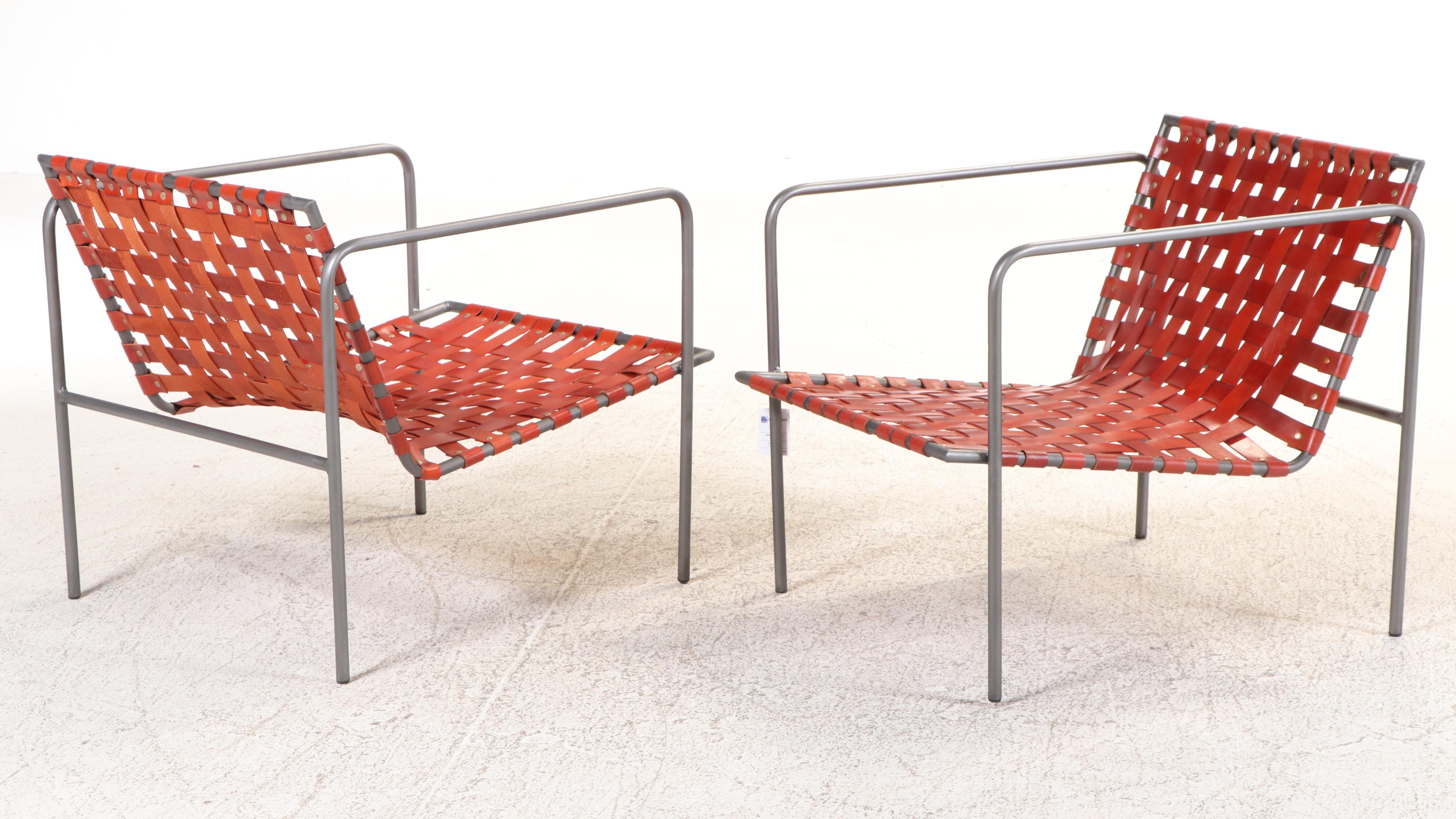 Pair of Modernist Style Powder-Coated Metal & Strap-Woven Leather Lounge Chair