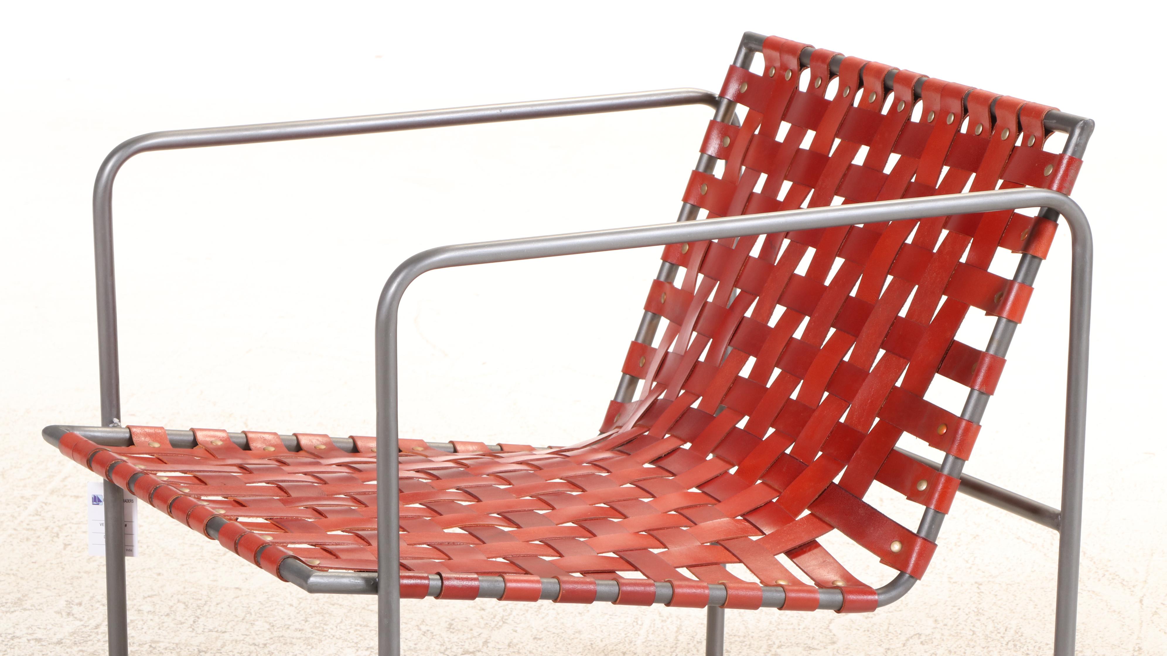 Pair of Modernist Style Powder-Coated Metal & Strap-Woven Leather Lounge Chair