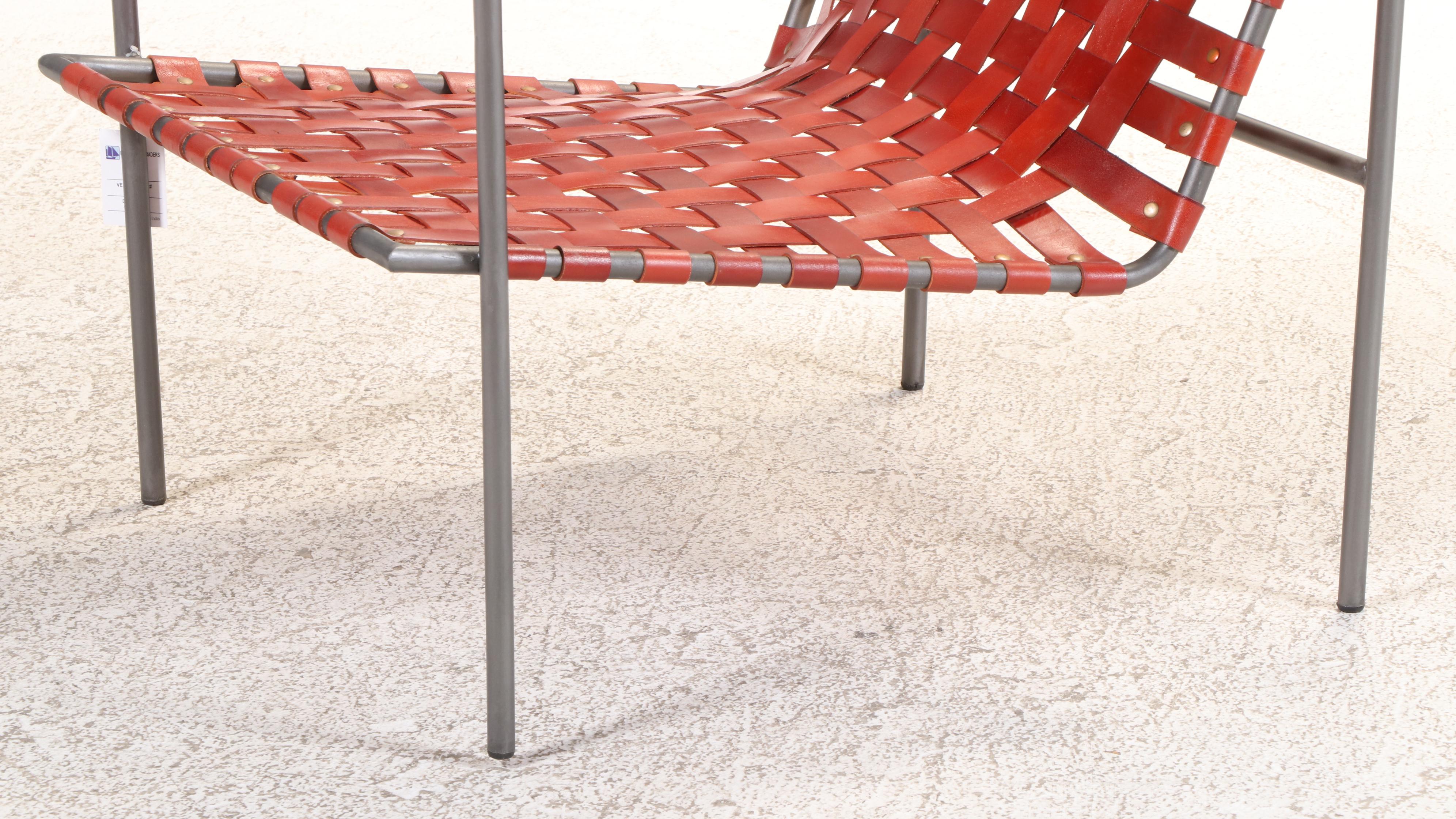 Pair of Modernist Style Powder-Coated Metal & Strap-Woven Leather Lounge Chair