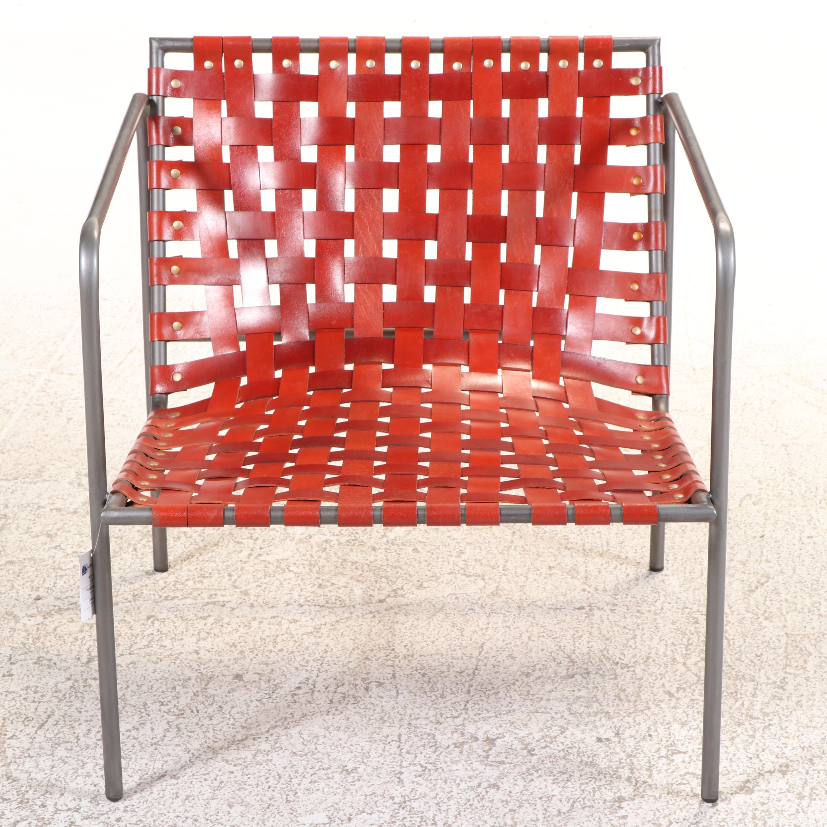 Pair of Modernist Style Powder-Coated Metal & Strap-Woven Leather Lounge Chair