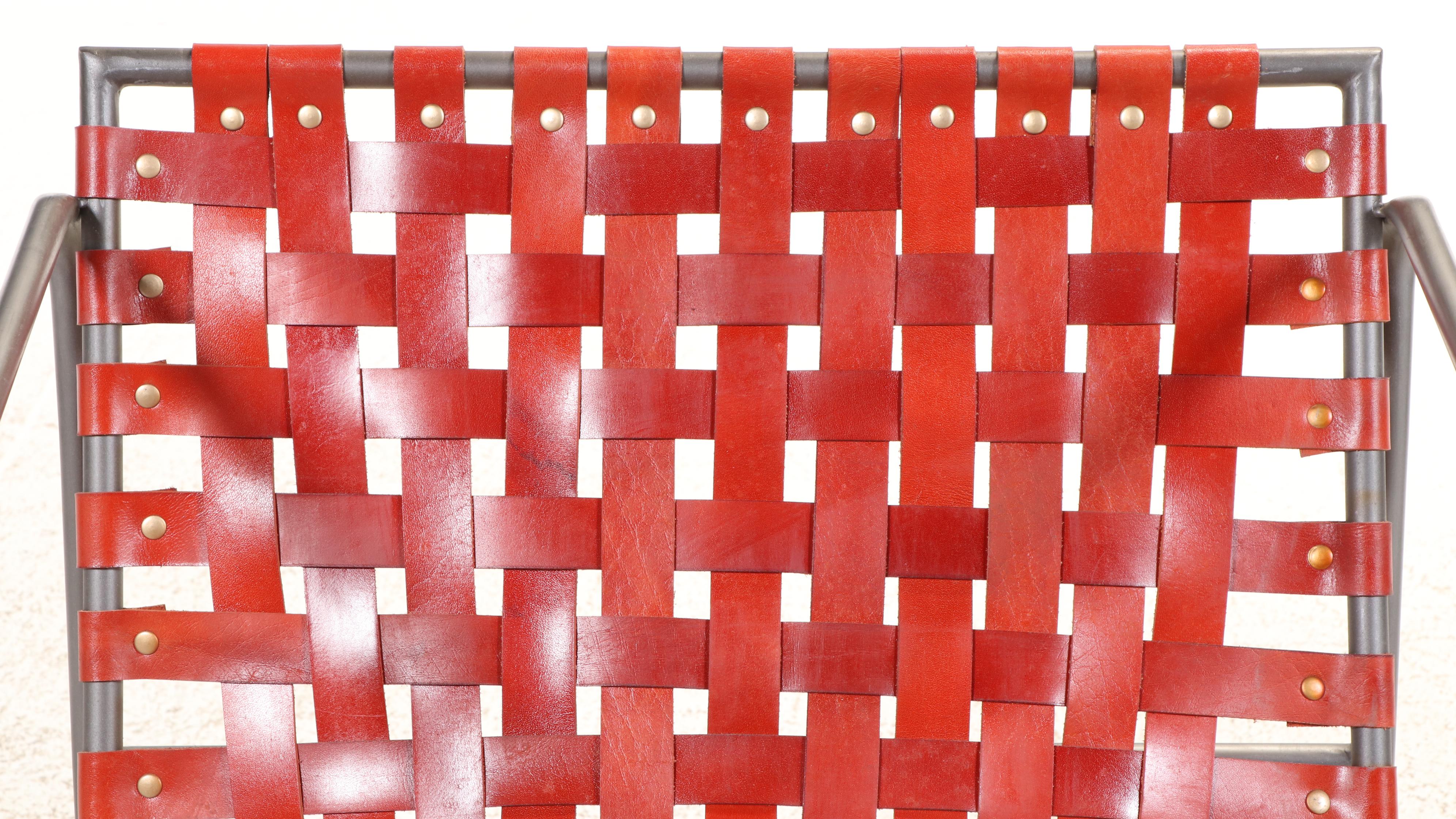 Pair of Modernist Style Powder-Coated Metal & Strap-Woven Leather Lounge Chair