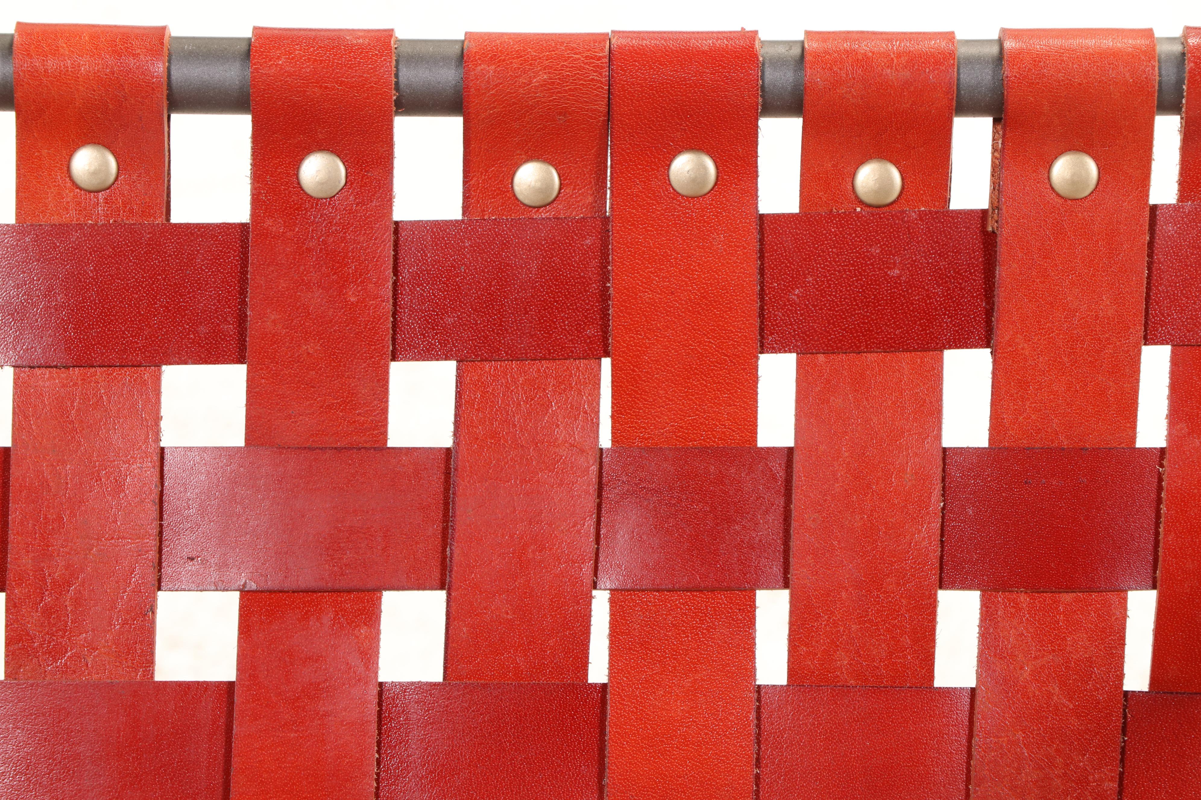 Pair of Modernist Style Powder-Coated Metal & Strap-Woven Leather Lounge Chair