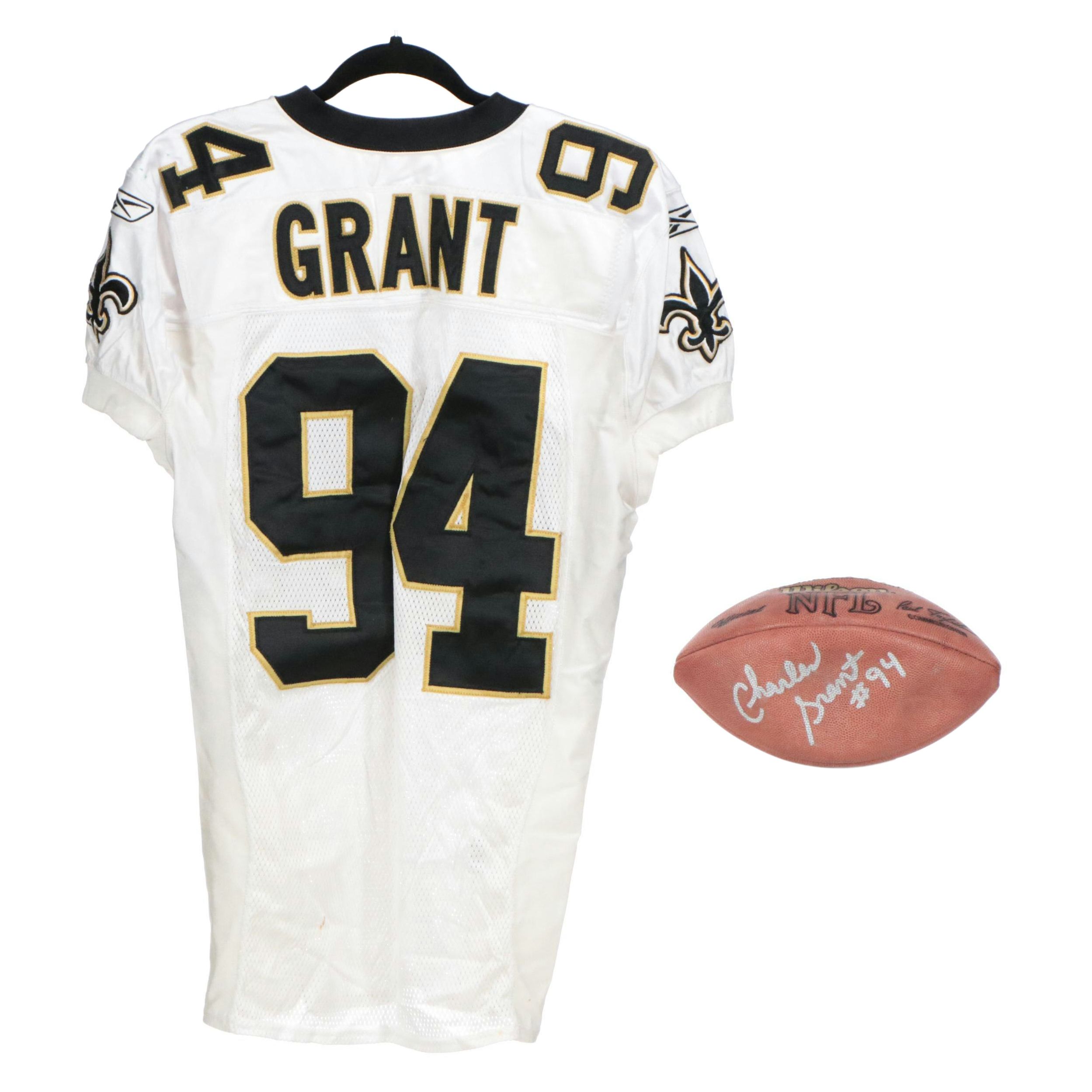 Charles Grant Game Used New Orleans Saints Jersey and Signed Football