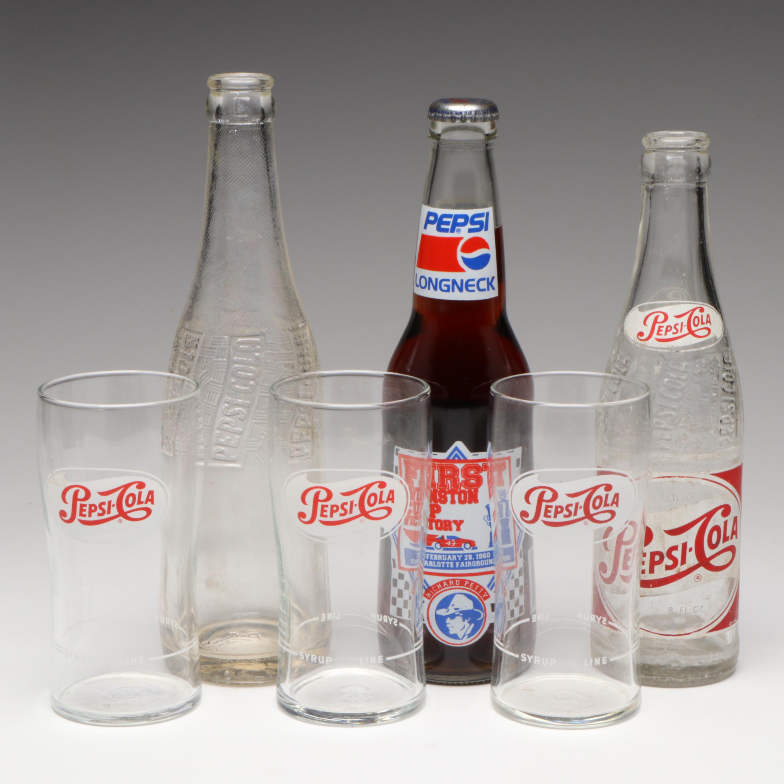 Winston Cup Victory & Other Pepsi Bottles with Pepsi-Cola Soda Fountain Glasses