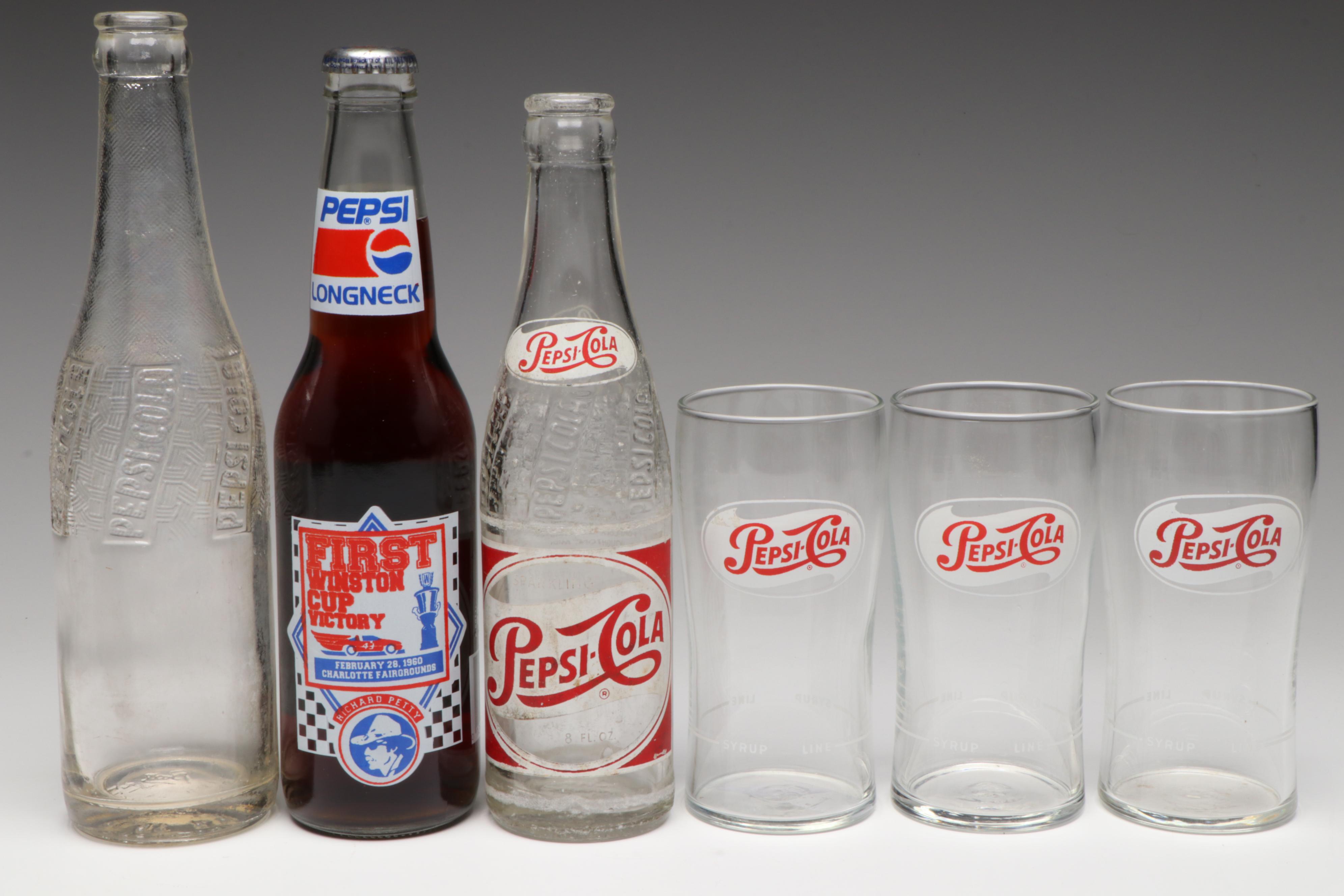 Winston Cup Victory & Other Pepsi Bottles with Pepsi-Cola Soda Fountain Glasses