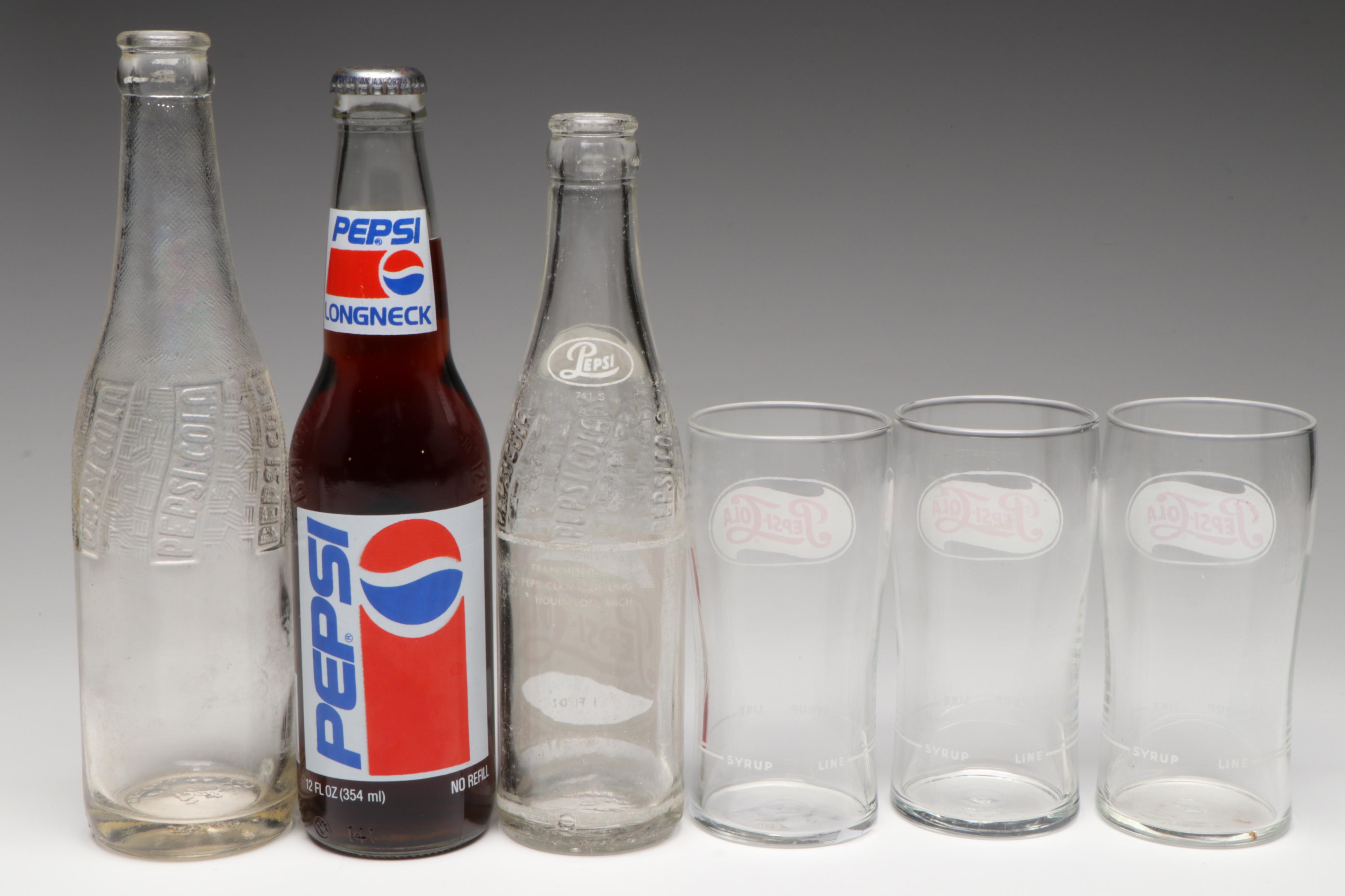 Winston Cup Victory & Other Pepsi Bottles with Pepsi-Cola Soda Fountain Glasses