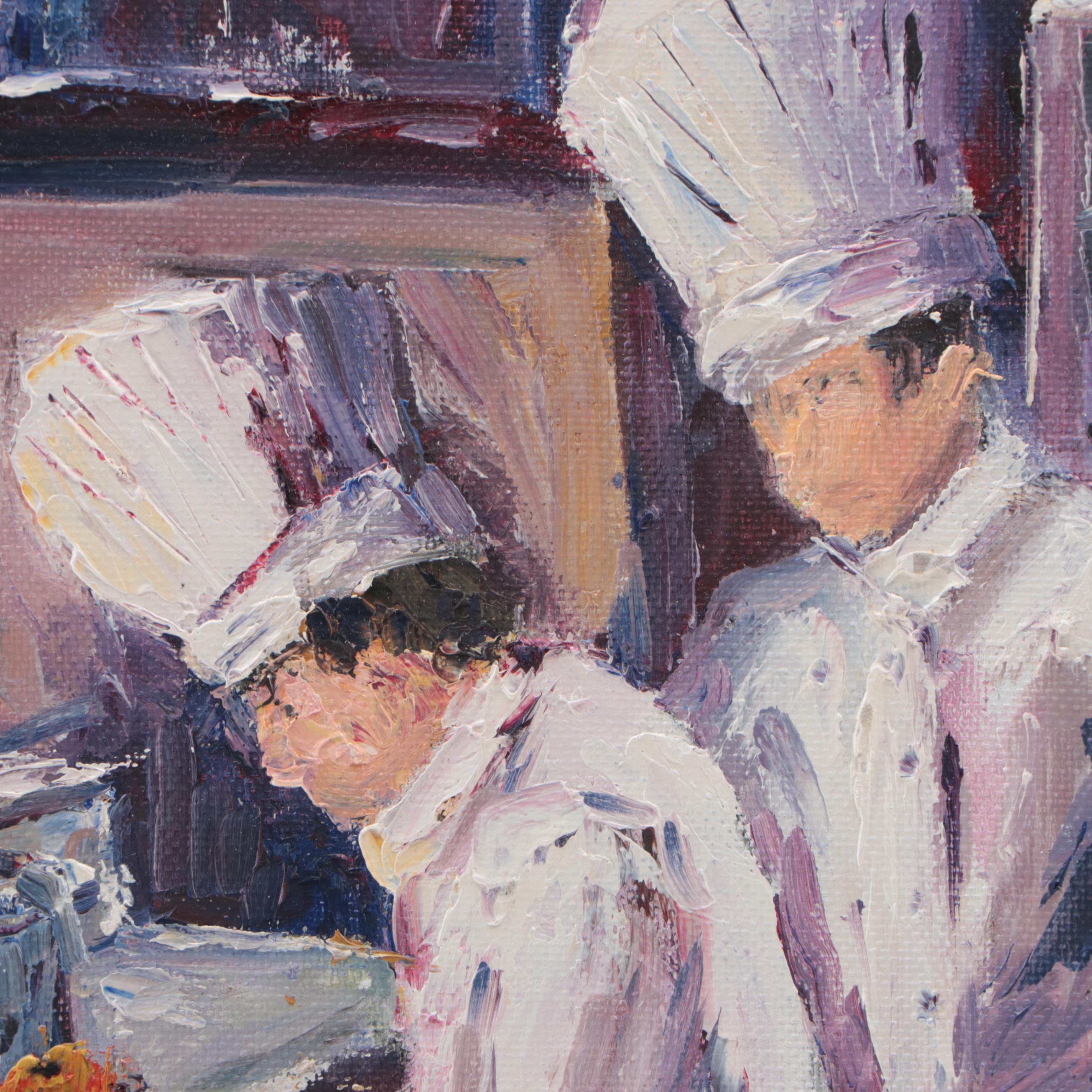 Interior Scene Oil Painting of Chefs Cooking