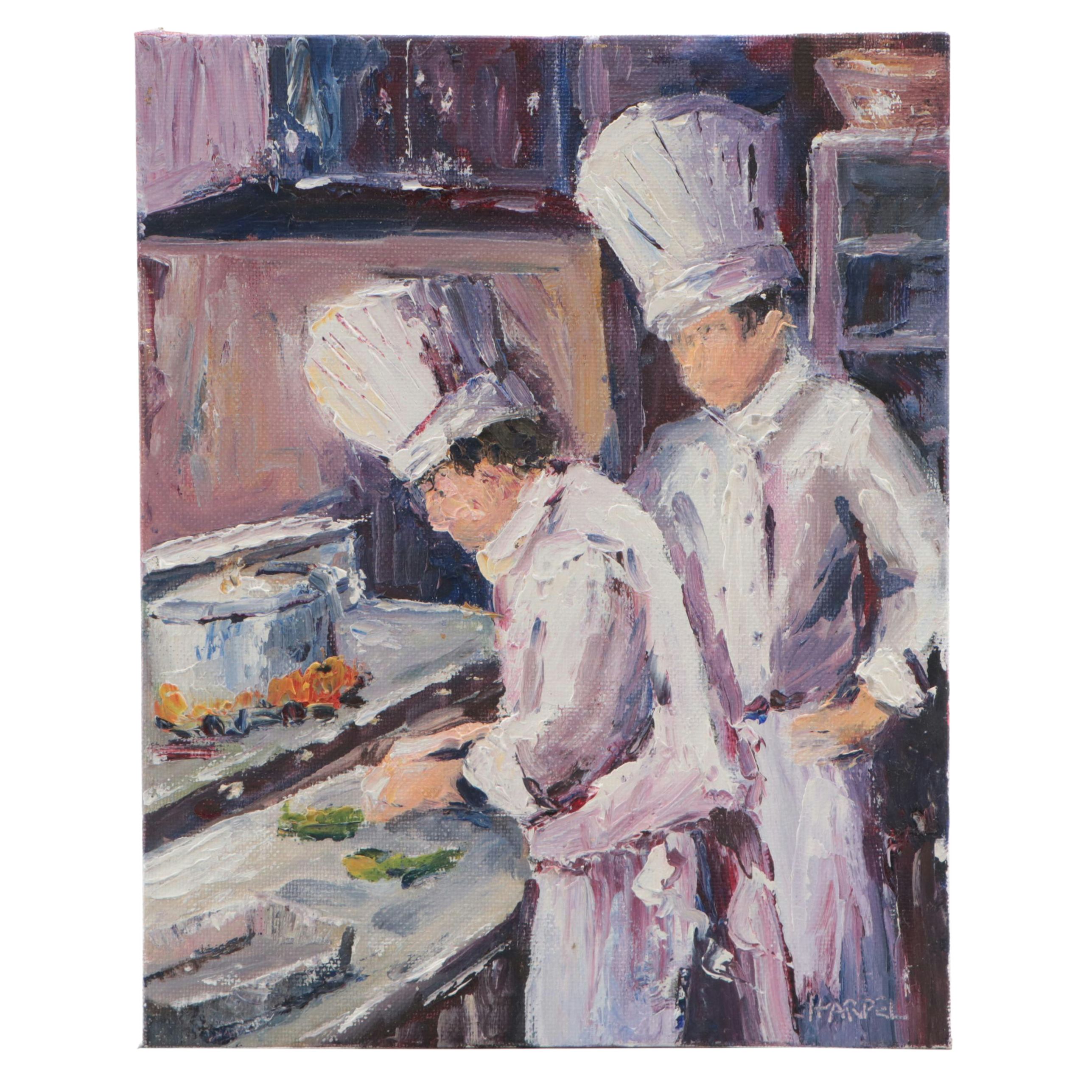 Interior Scene Oil Painting of Chefs Cooking