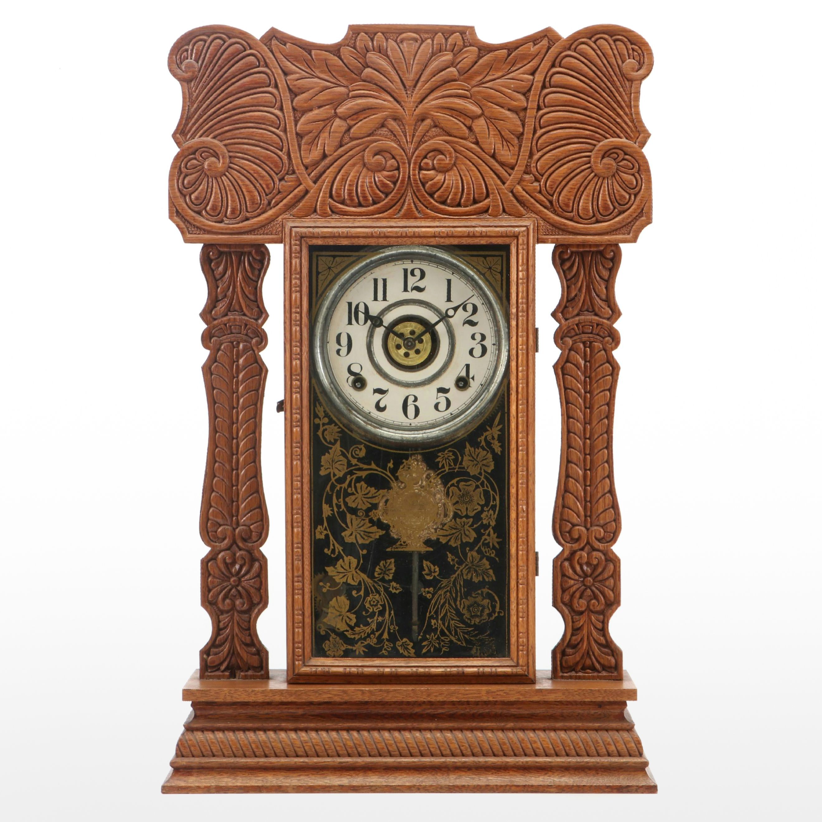 The E. Ingraham Clock Co. "Arctic" Pressed Oak Gingerbread Mantel Clock