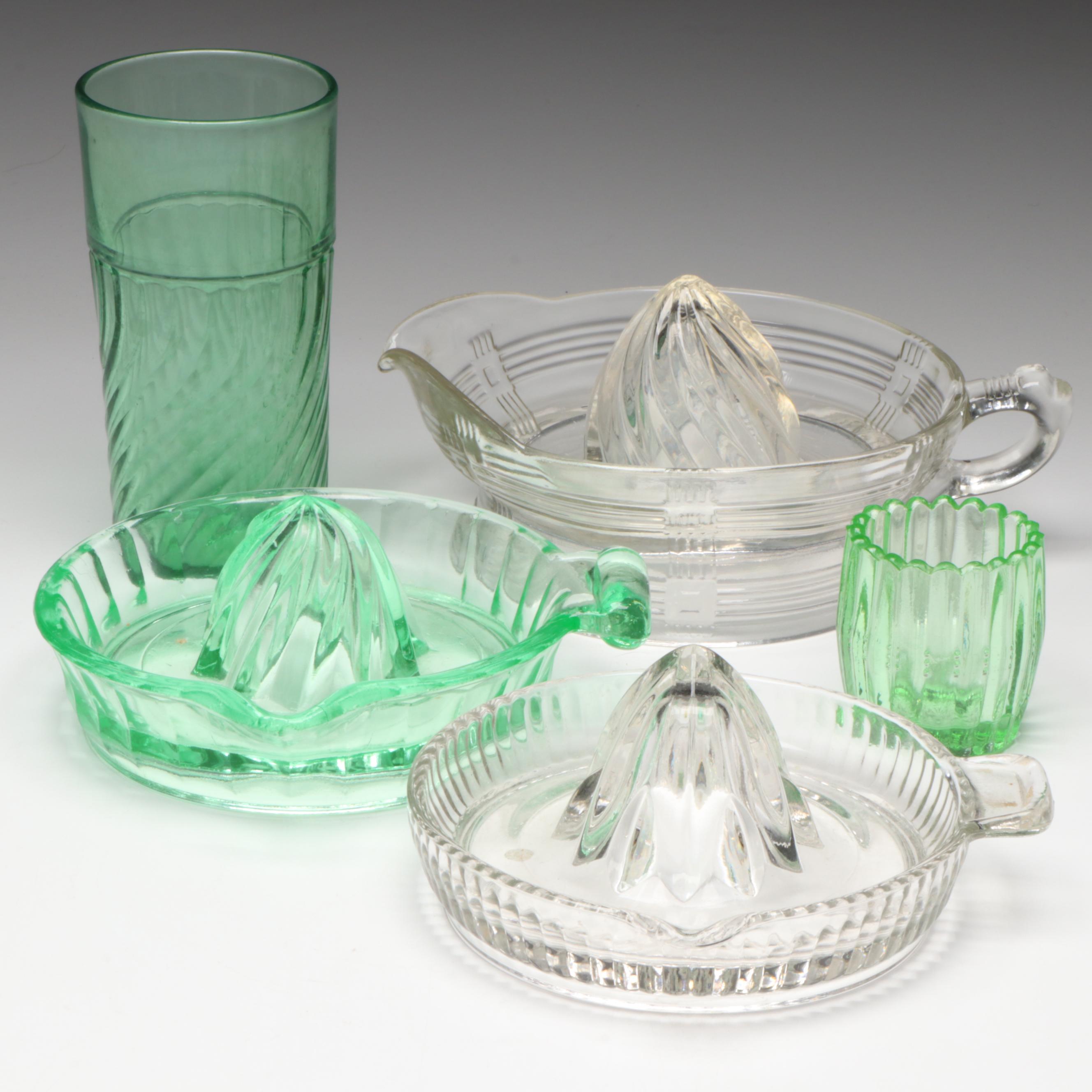 Art Deco Style Vaseline and Clear Glass Juicers and Tableware