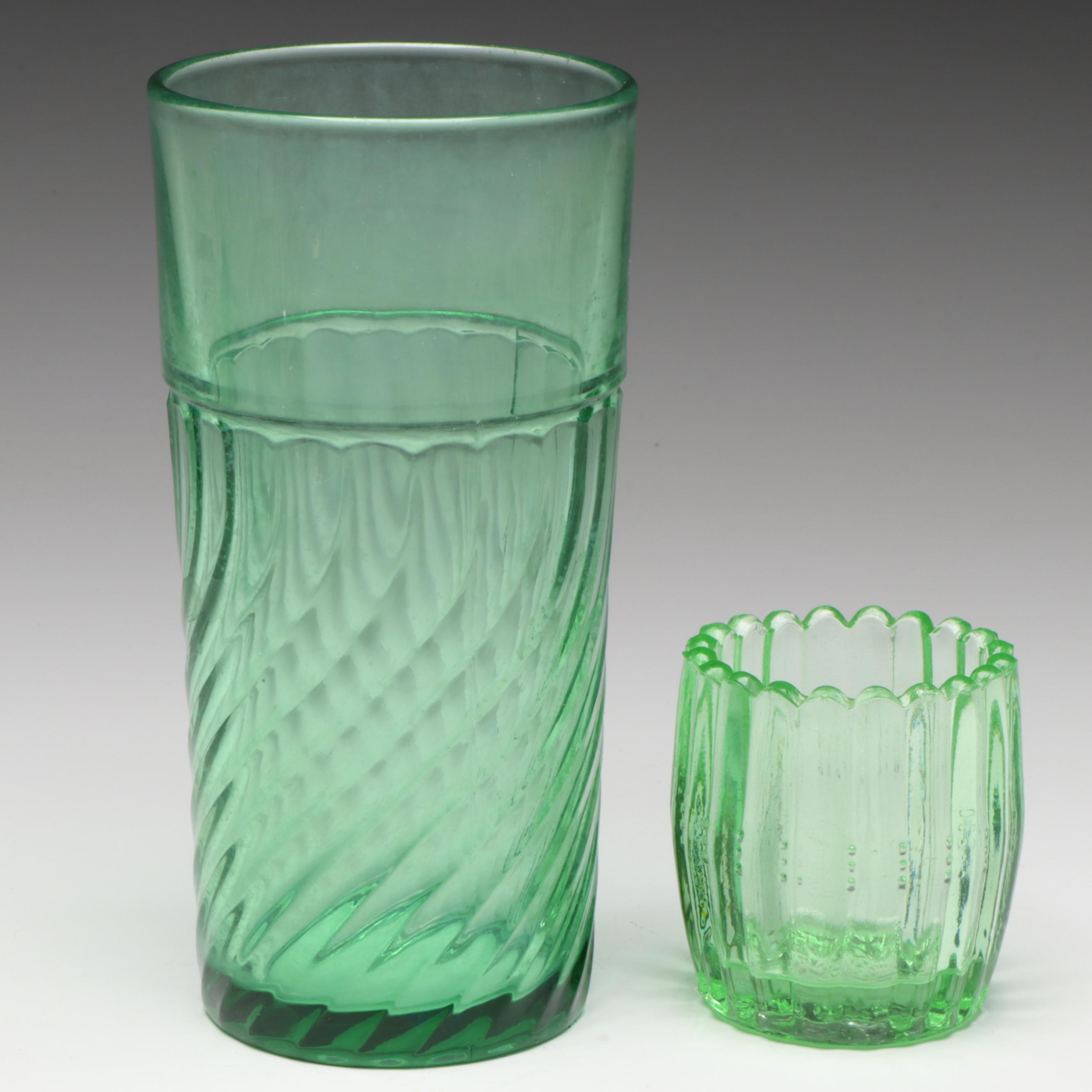 Art Deco Style Vaseline and Clear Glass Juicers and Tableware