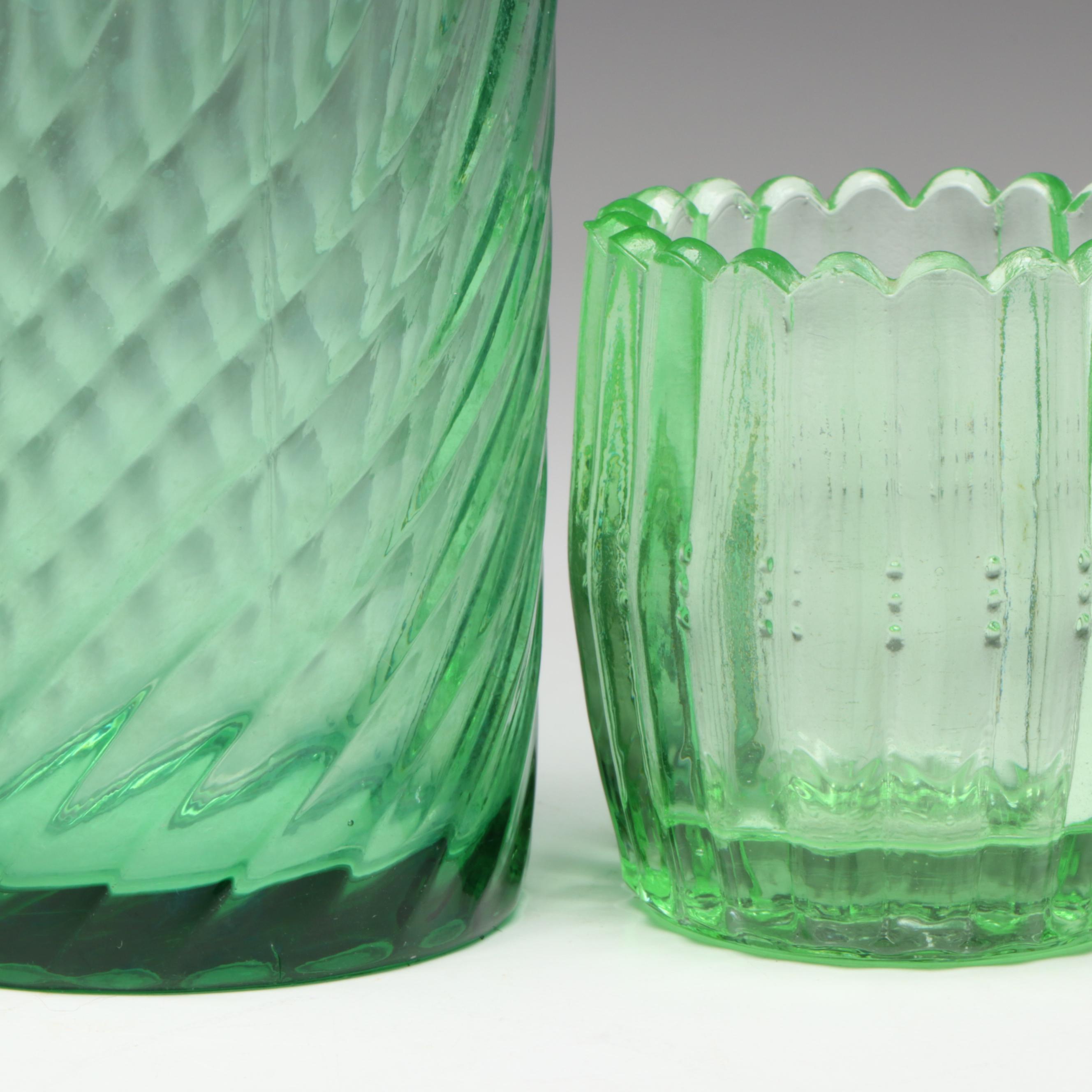 Art Deco Style Vaseline and Clear Glass Juicers and Tableware