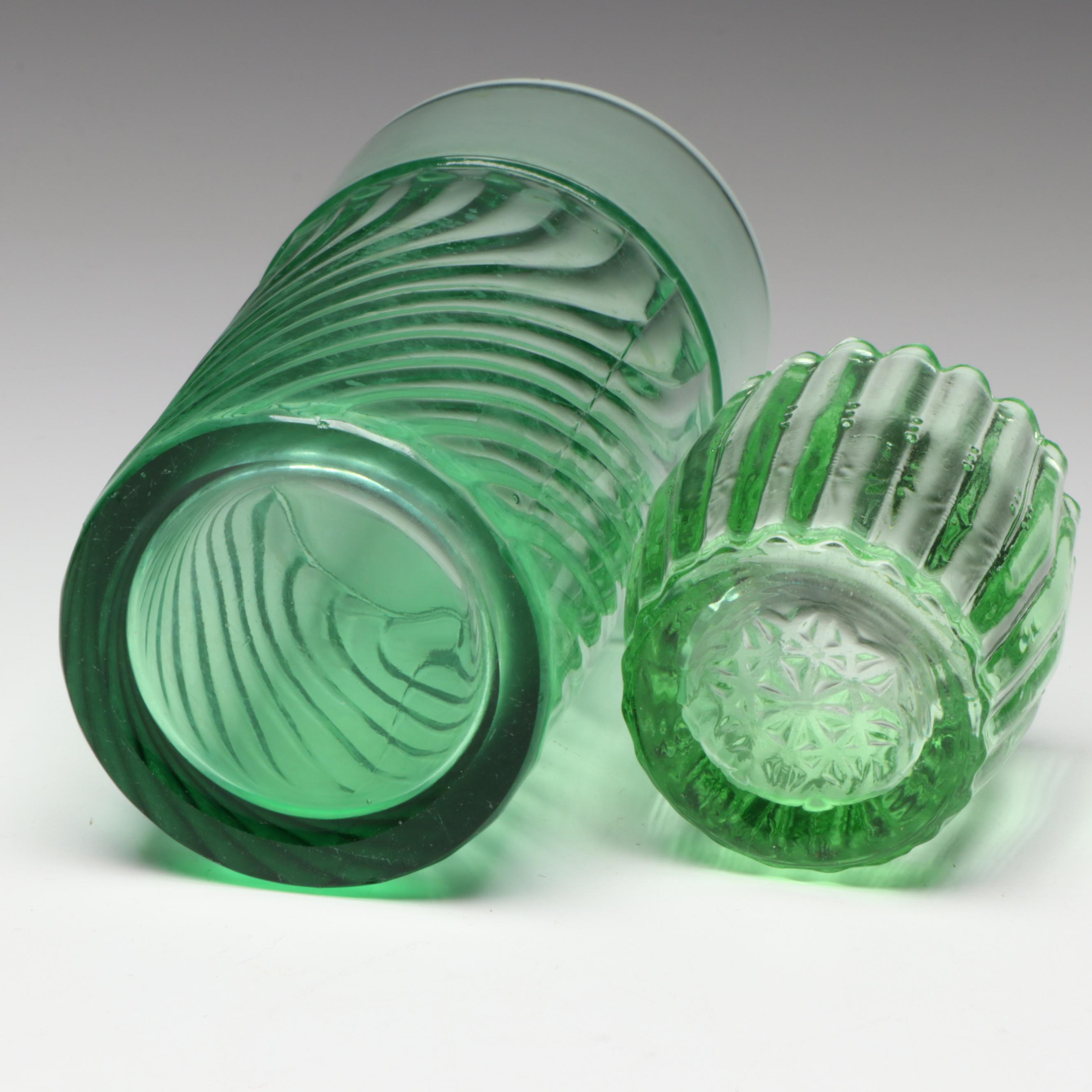 Art Deco Style Vaseline and Clear Glass Juicers and Tableware