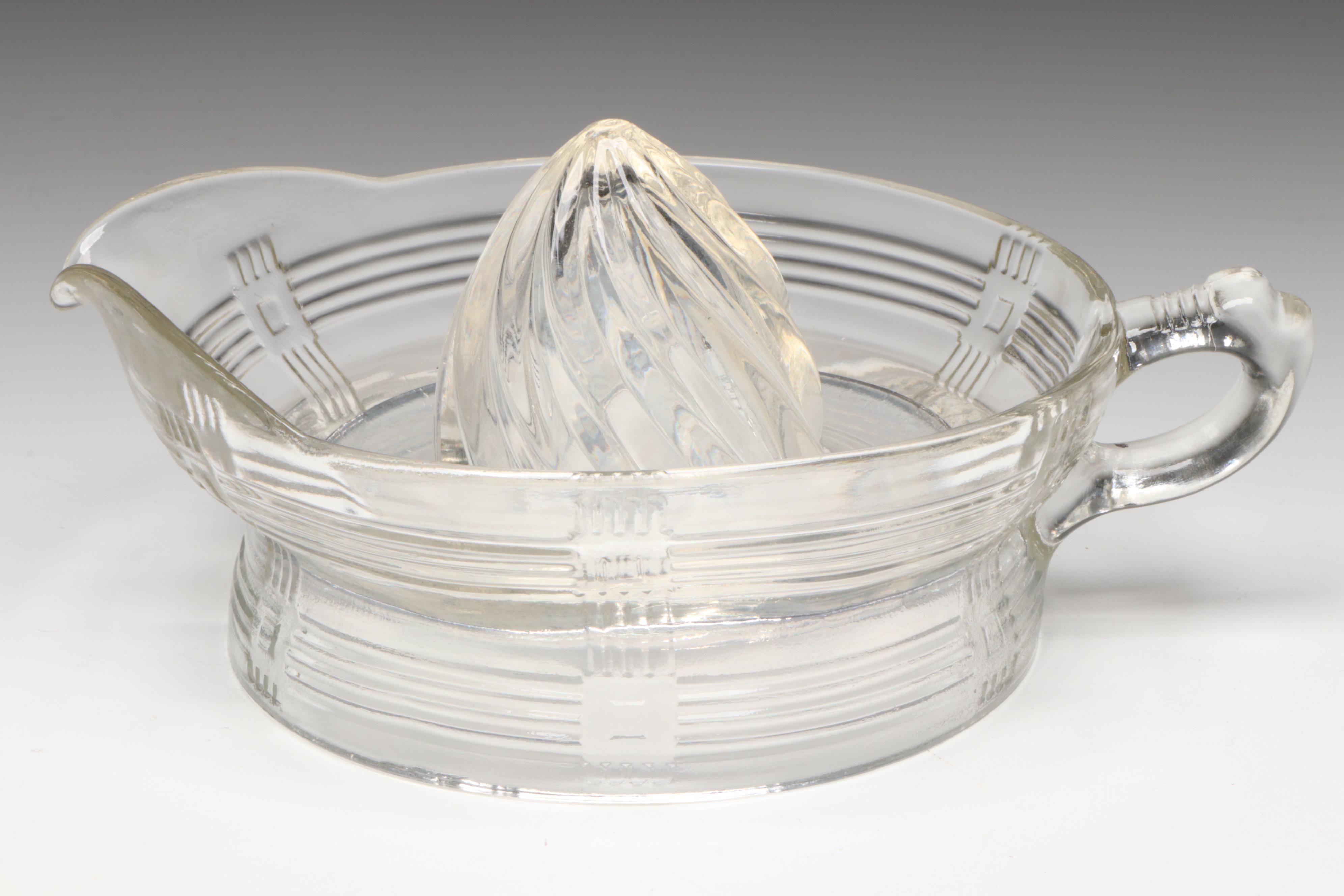 Art Deco Style Vaseline and Clear Glass Juicers and Tableware